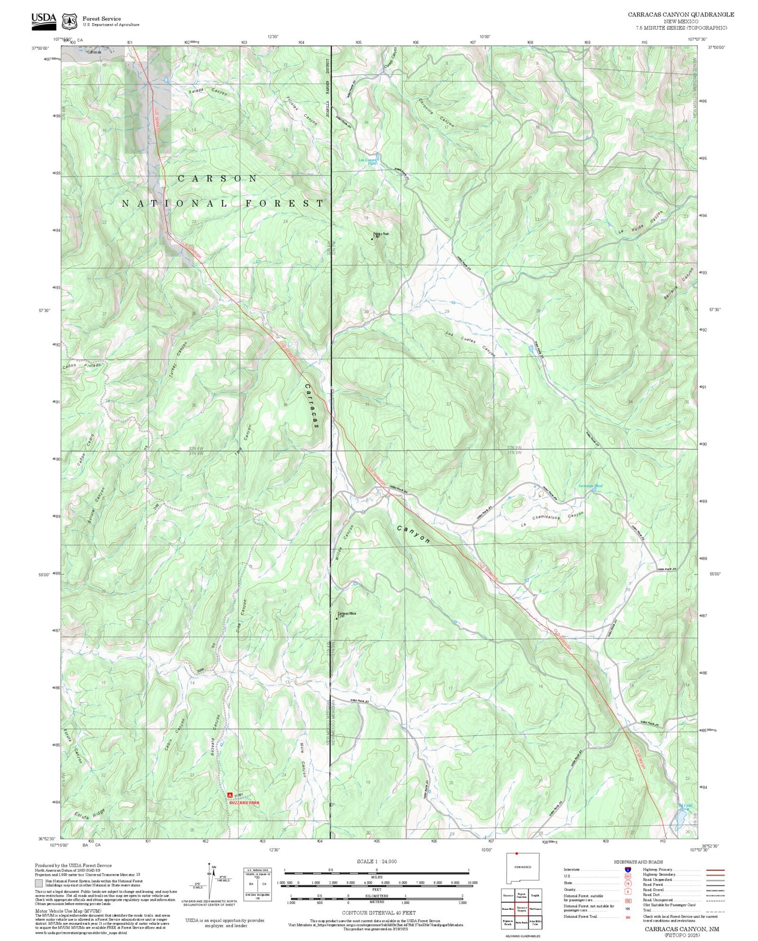 2025 Forest Service Topo Map of Carracas Canyon New Mexico