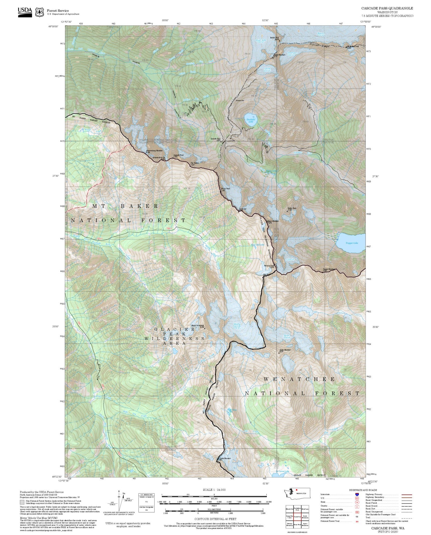 2025 Forest Service Topo Map of Cascade Pass Washington