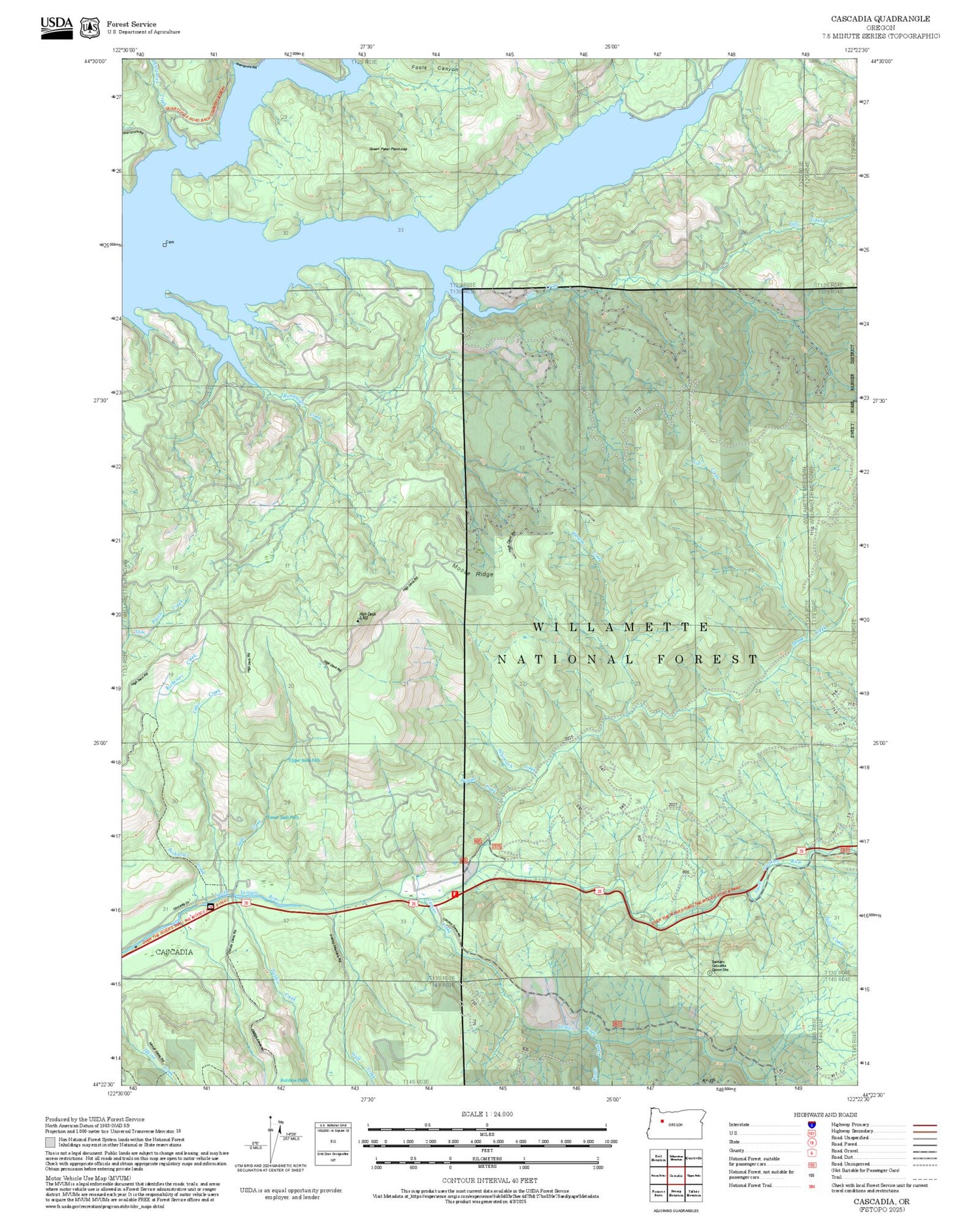 2025 Forest Service Topo Map of Cascadia Oregon