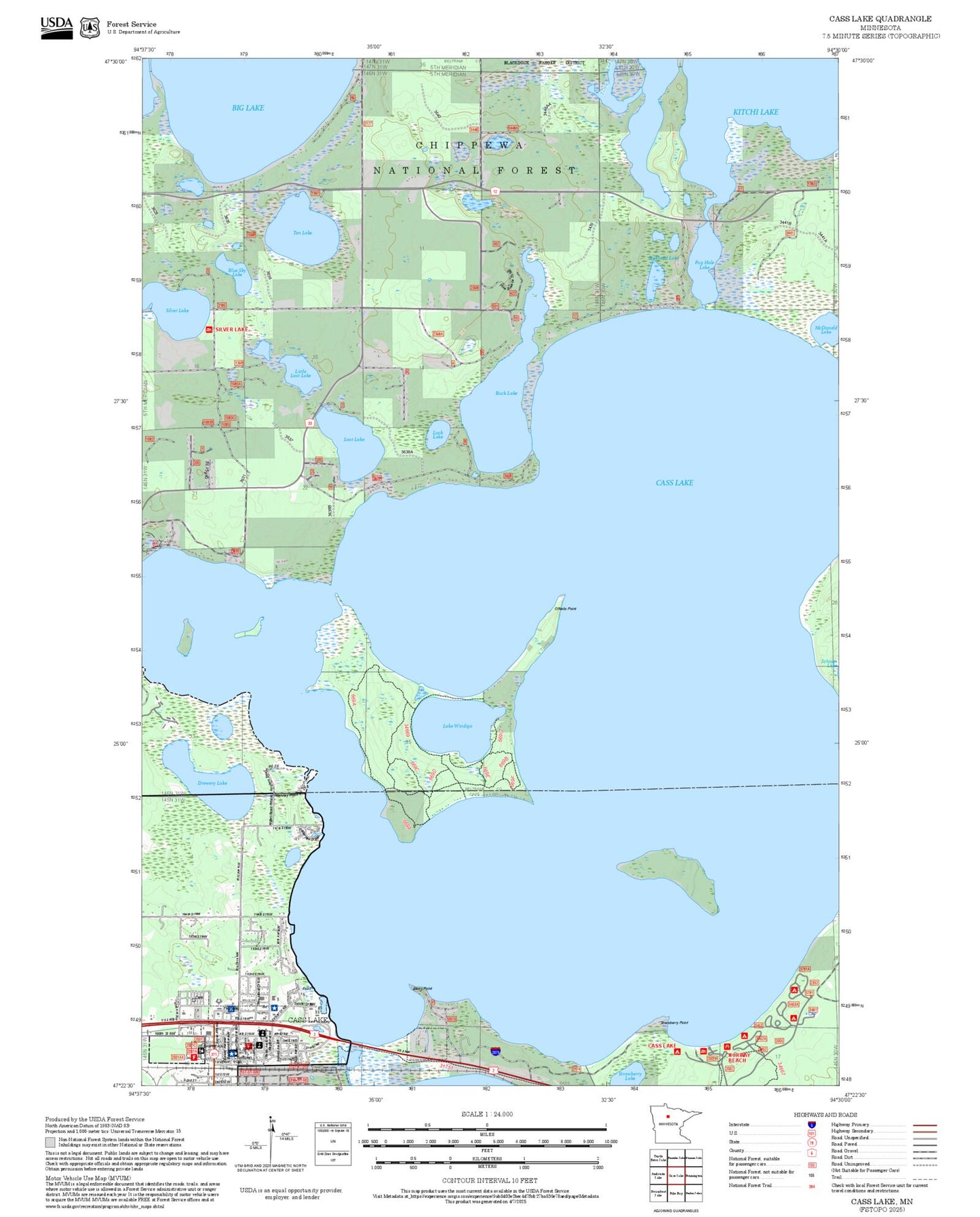2025 Forest Service Topo Map of Cass Lake Minnesota