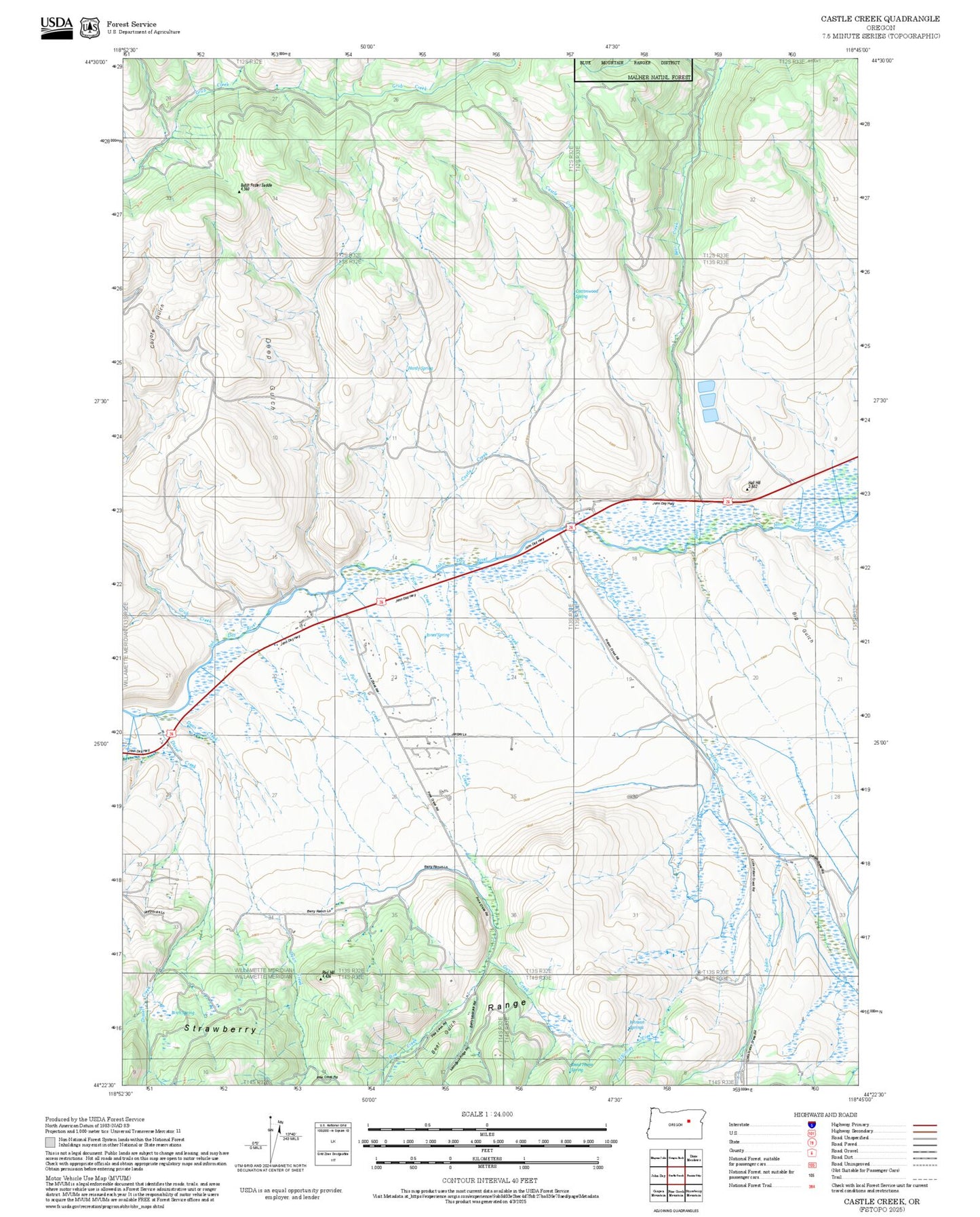 2025 Forest Service Topo Map of Castle Creek Oregon