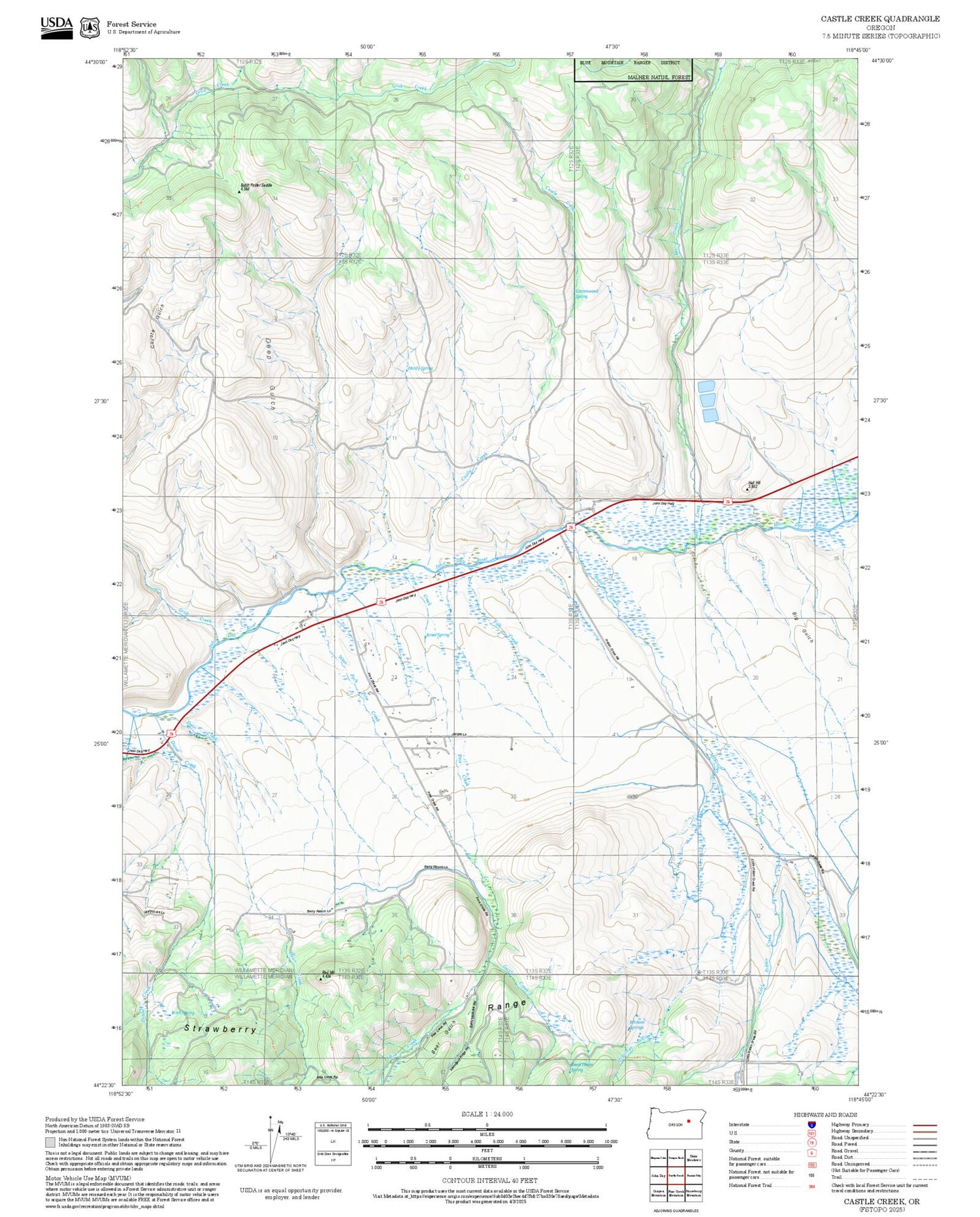 2025 Forest Service Topo Map of Castle Creek Oregon