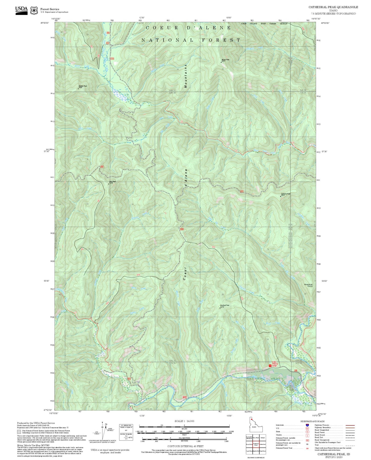 2025 Forest Service Topo Map of Cathedral Peak Idaho