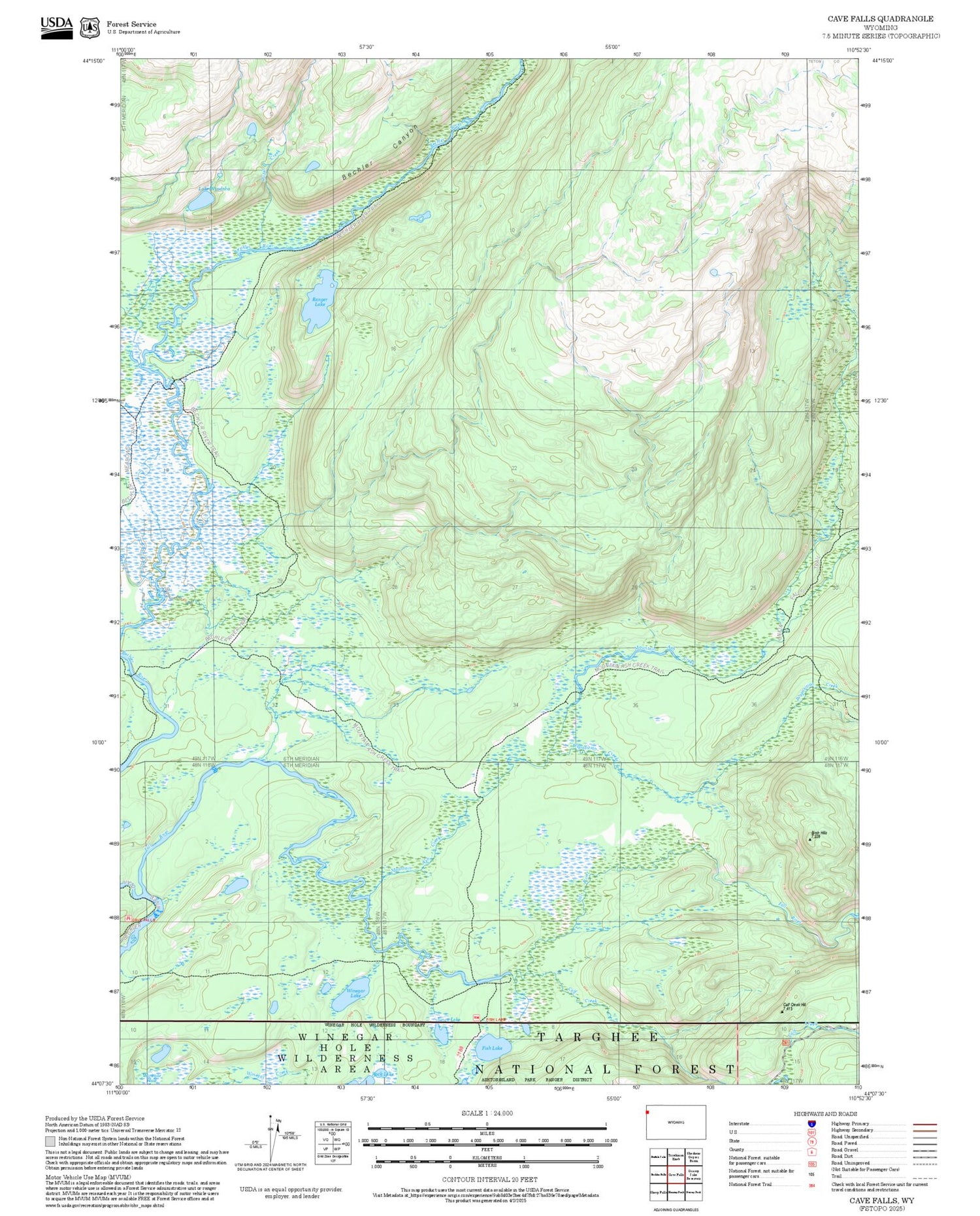 2025 Forest Service Topo Map of Cave Falls Wyoming