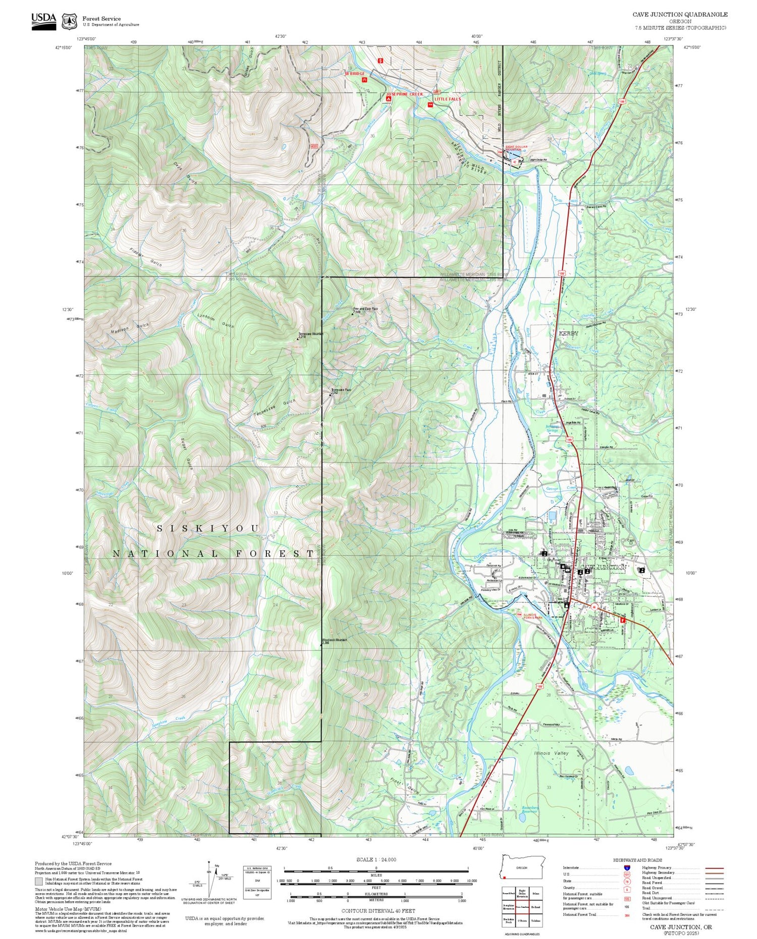 2025 Forest Service Topo Map of Cave Junction Oregon