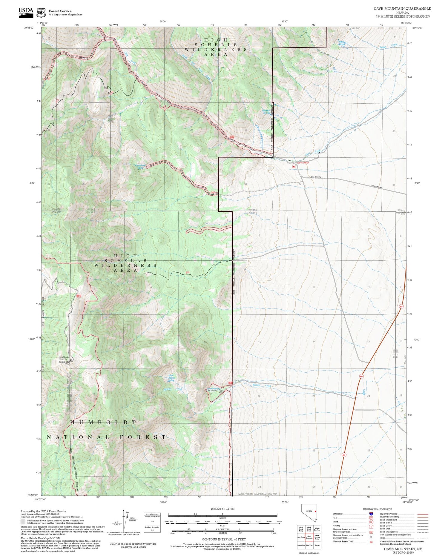 2025 Forest Service Topo Map of Cave Mountain Nevada