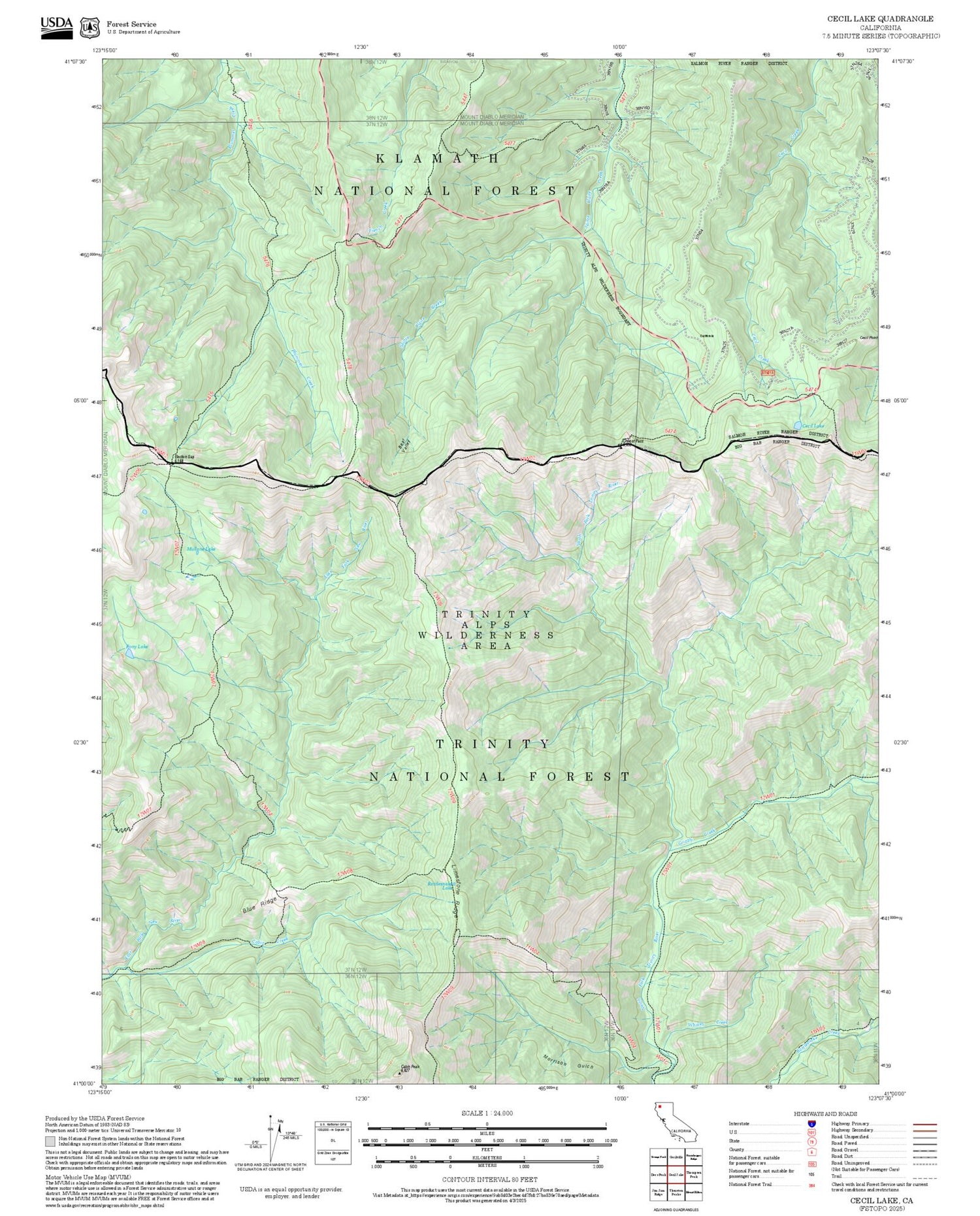 2025 Forest Service Topo Map of Cecil Lake California