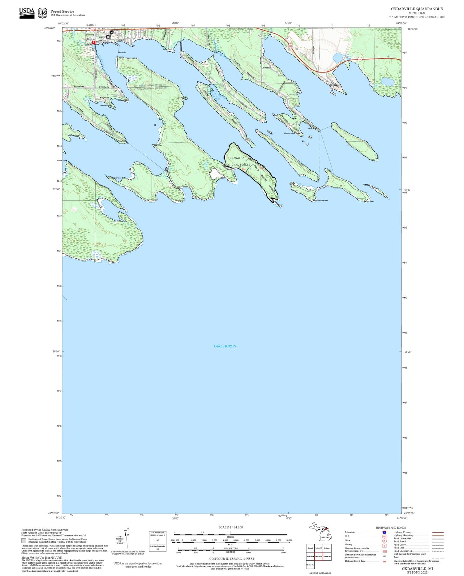 2025 Forest Service Topo Map of Cedarville Michigan