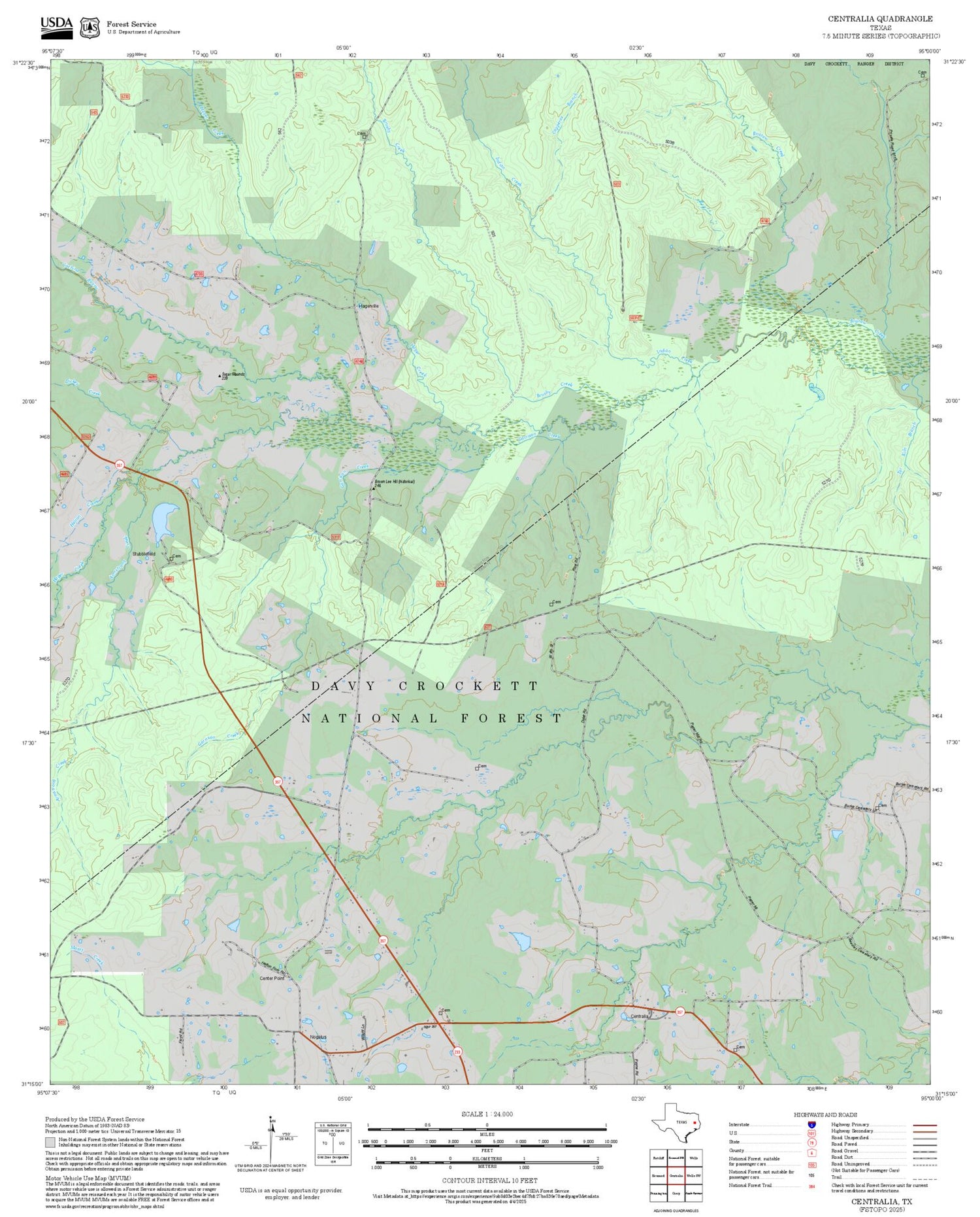 2025 Forest Service Topo Map of Centralia Texas