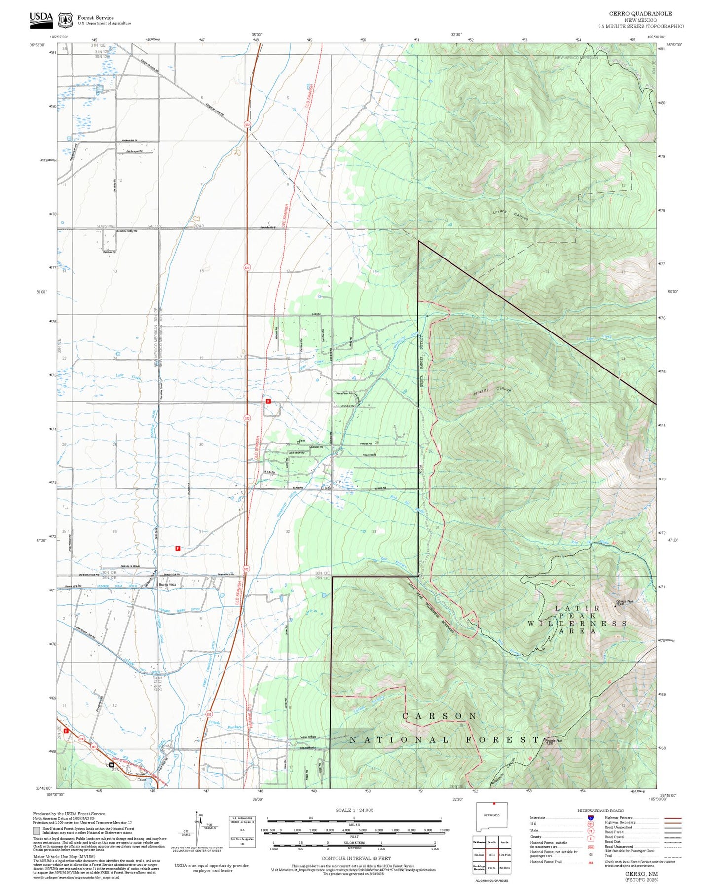 2025 Forest Service Topo Map of Cerro New Mexico