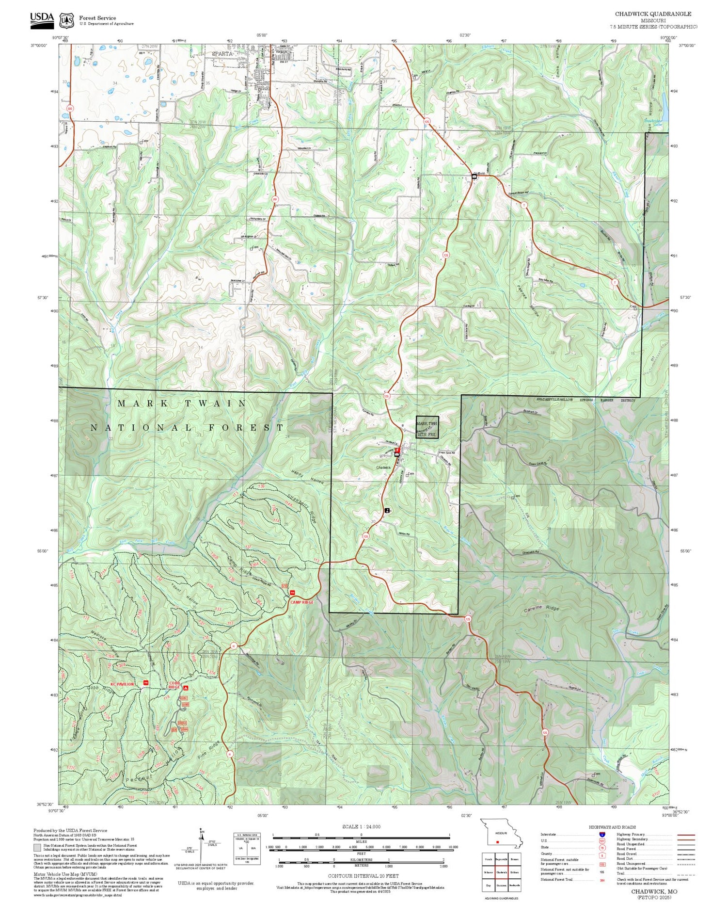2025 Forest Service Topo Map of Chadwick Missouri
