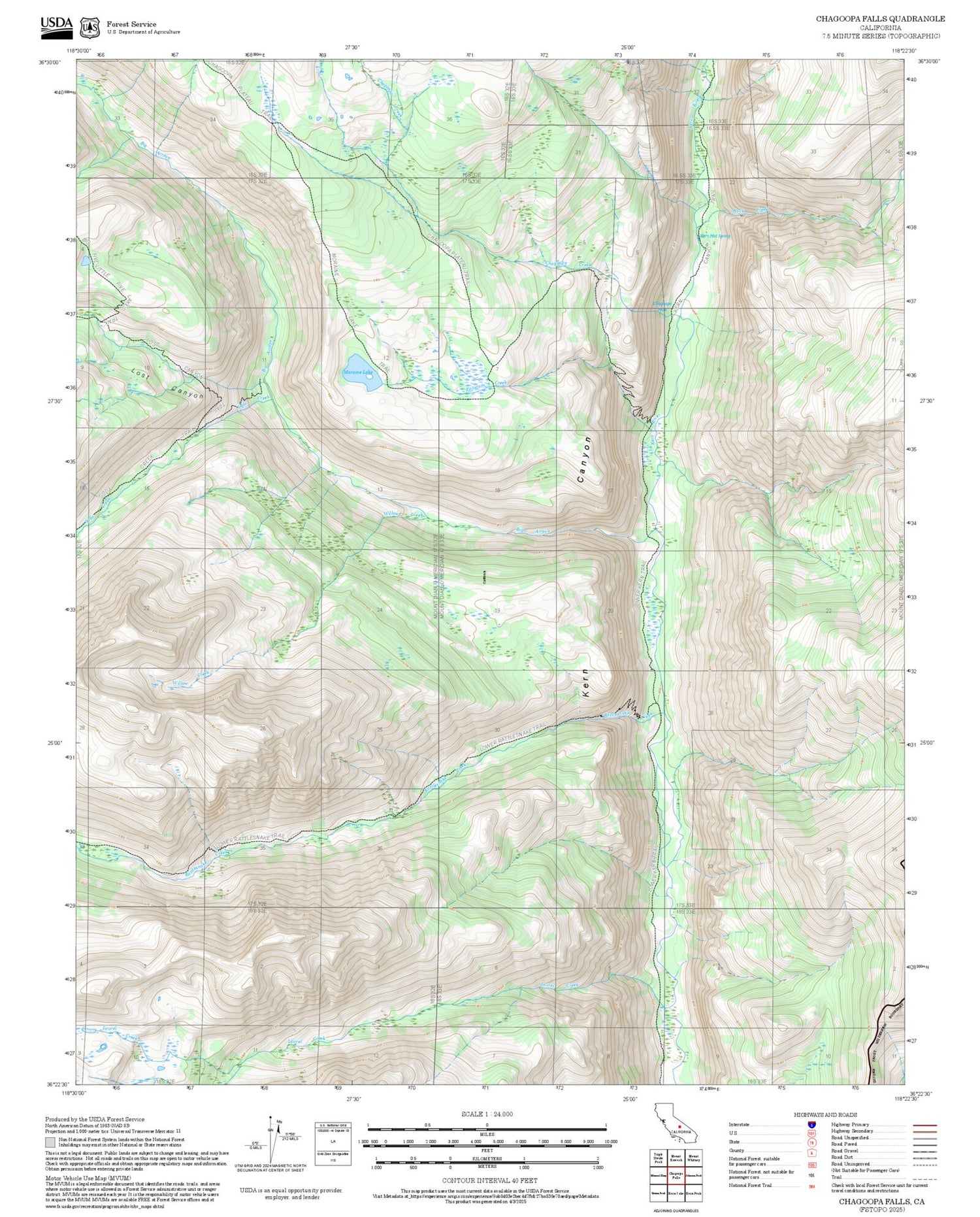 2025 Forest Service Topo Map of Chagoopa Falls California