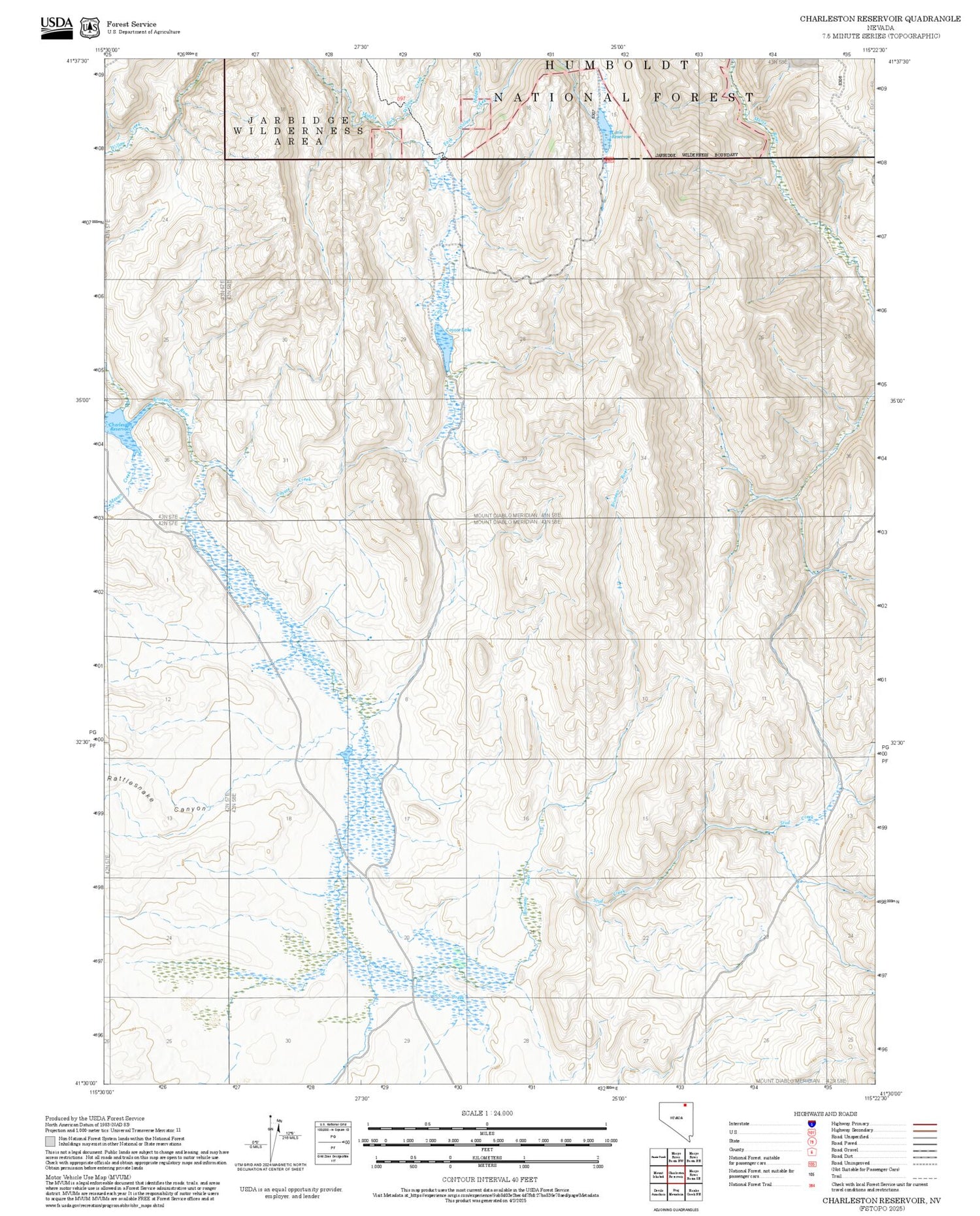 2025 Forest Service Topo Map of Charleston Reservoir Nevada