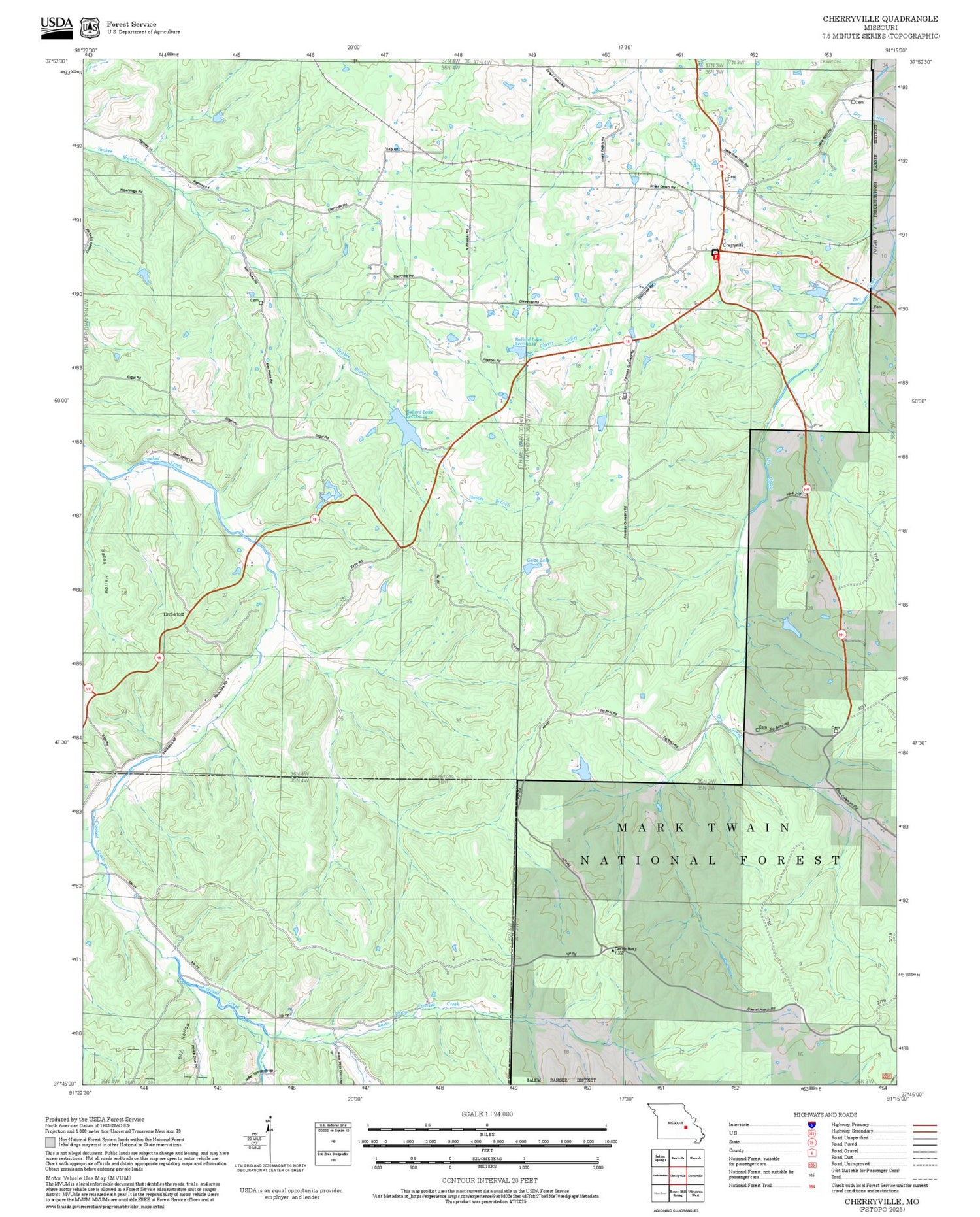 2025 Forest Service Topo Map of Cherryville Missouri