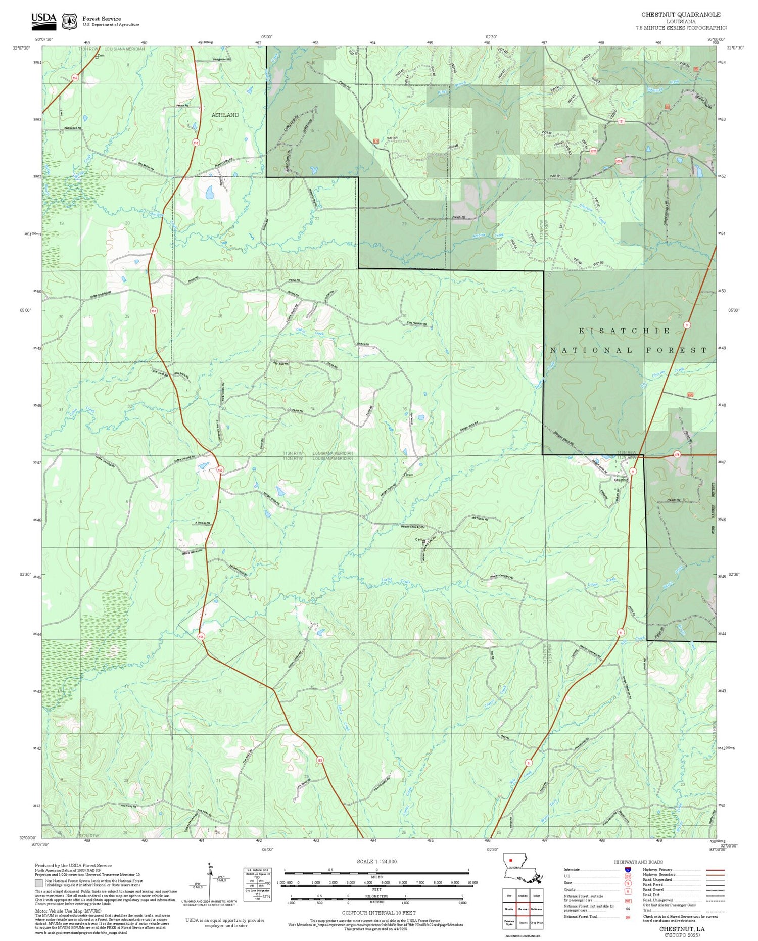 2025 Forest Service Topo Map of Chestnut Louisiana