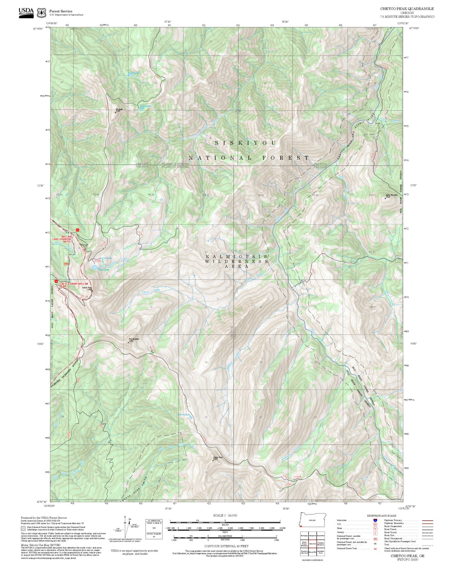 2025 Forest Service Topo Map of Chetco Peak Oregon