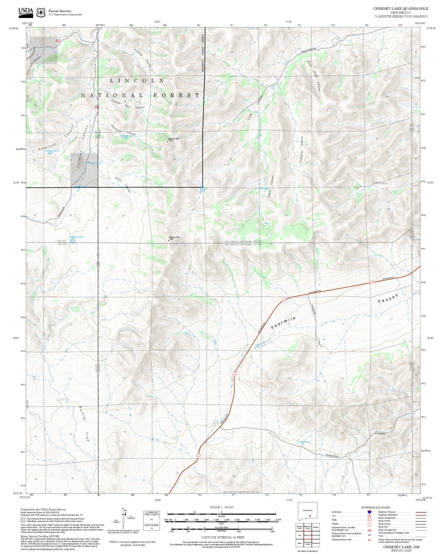 2025 Forest Service Topo Map of Chimney Lake New Mexico
