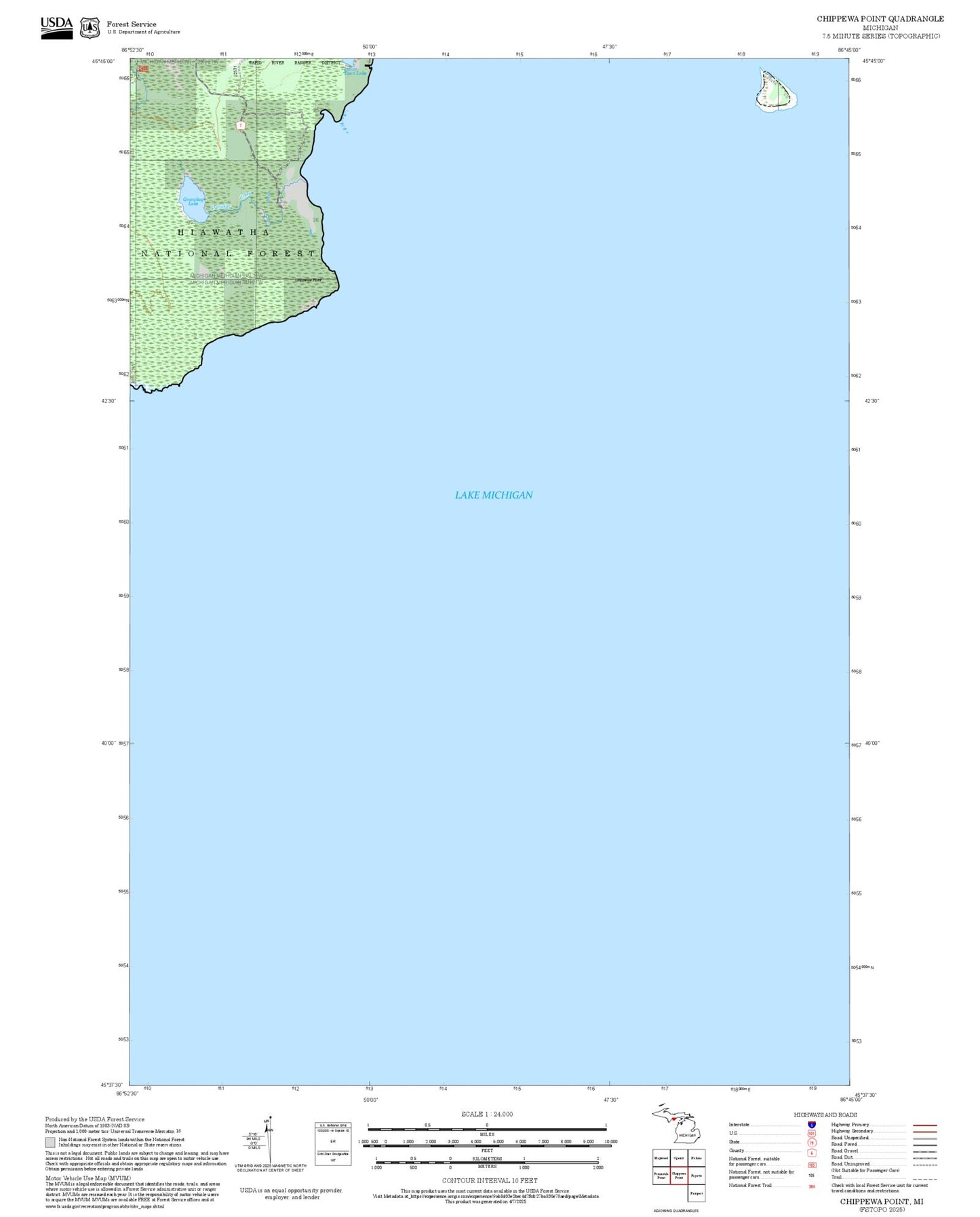 2025 Forest Service Topo Map of Chippewa Point Michigan