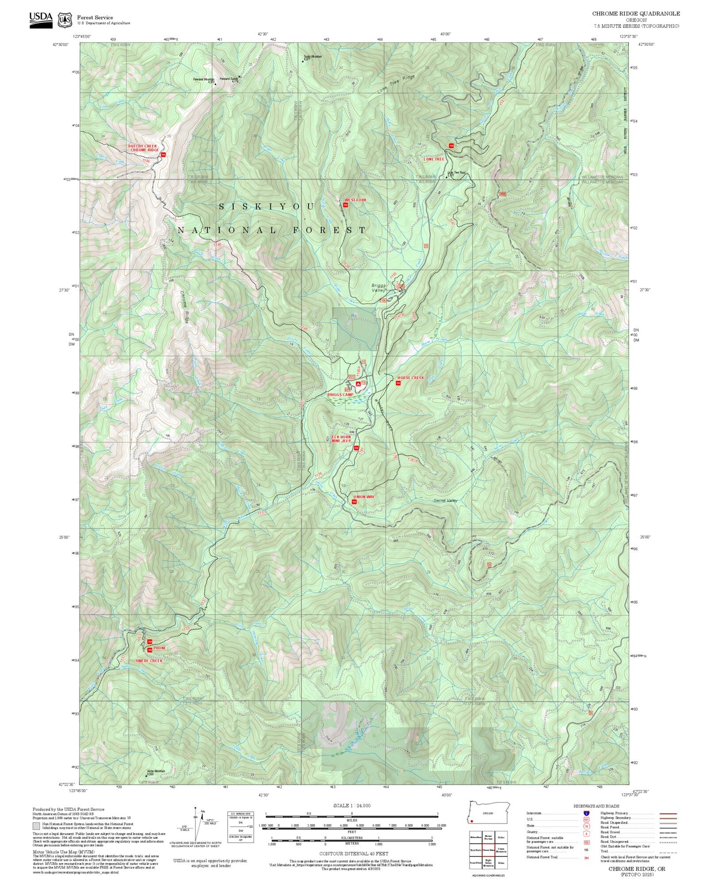 2025 Forest Service Topo Map of Chrome Ridge Oregon