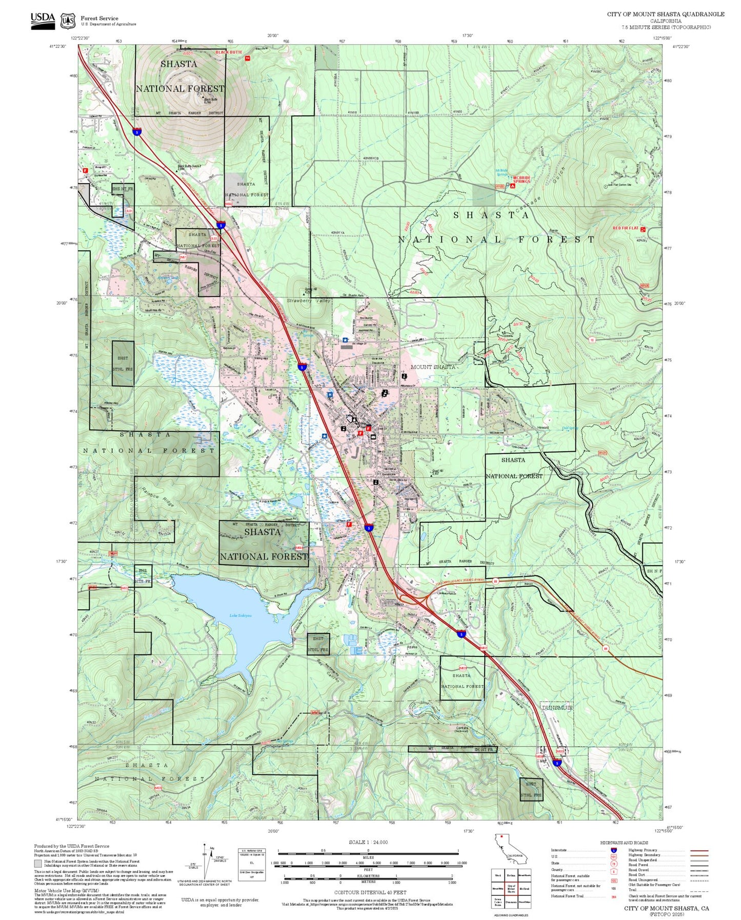 2025 Forest Service Topo Map of City of Mount Shasta California