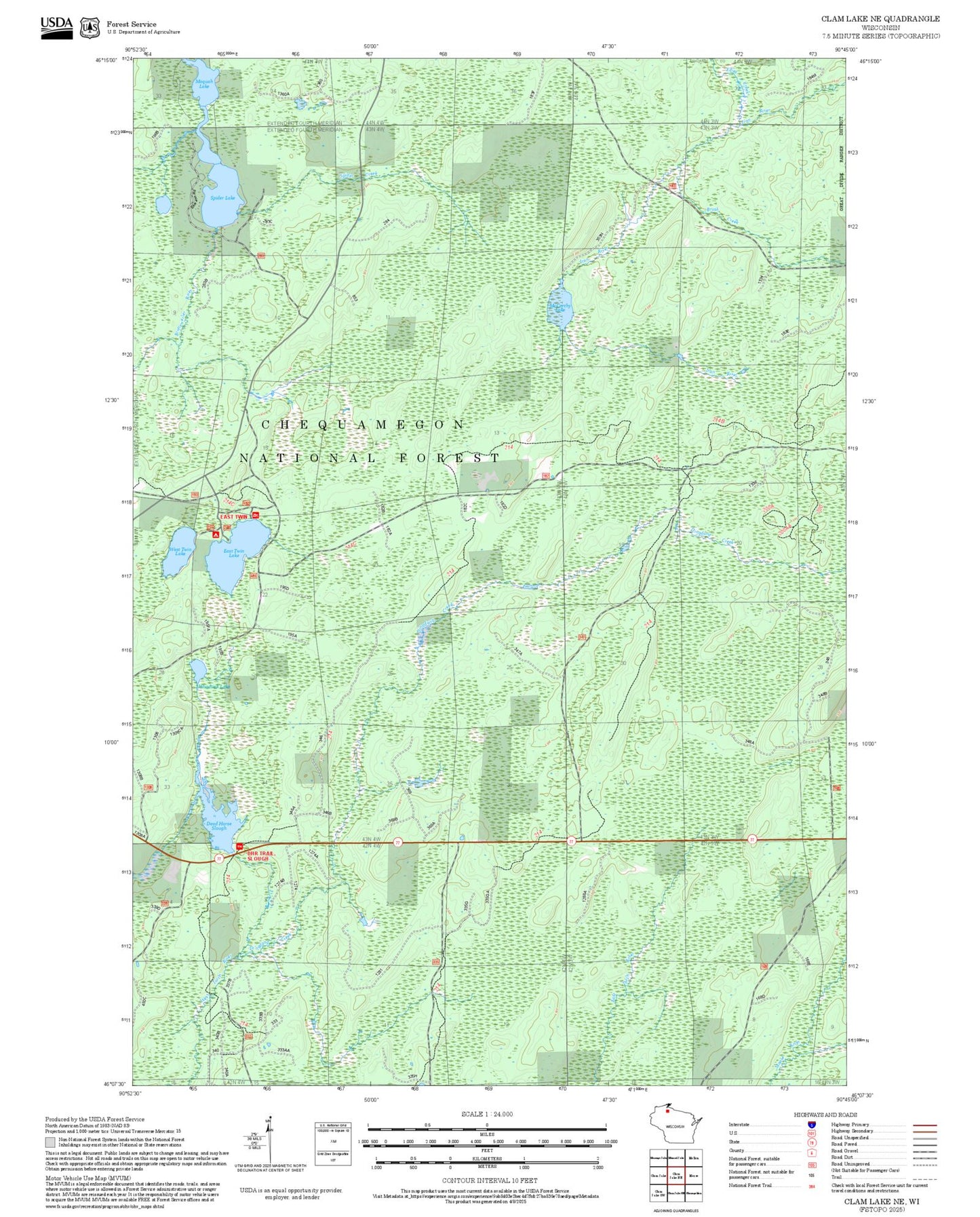 2025 Forest Service Topo Map of Clam Lake NE Wisconsin