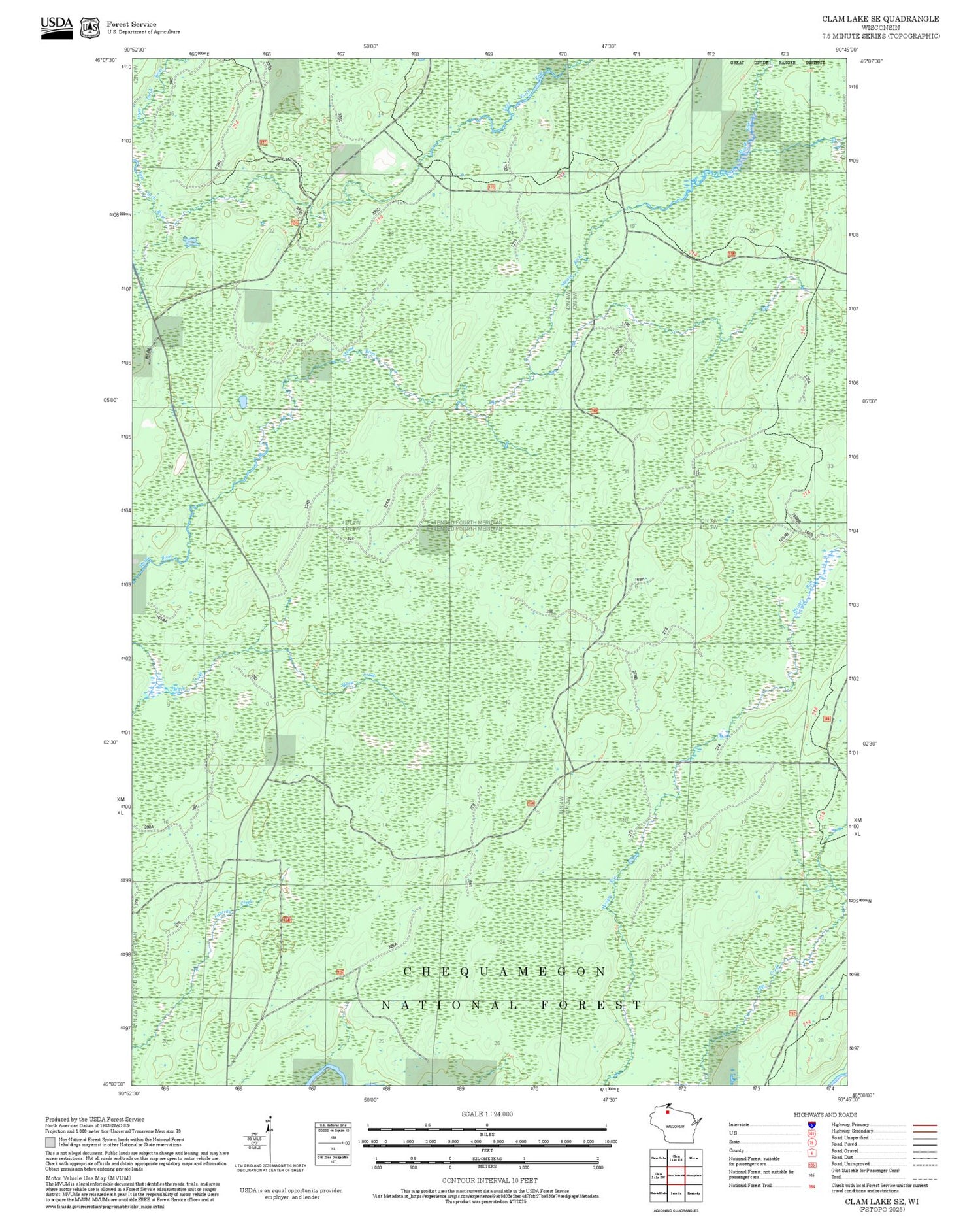 2025 Forest Service Topo Map of Clam Lake SE Wisconsin
