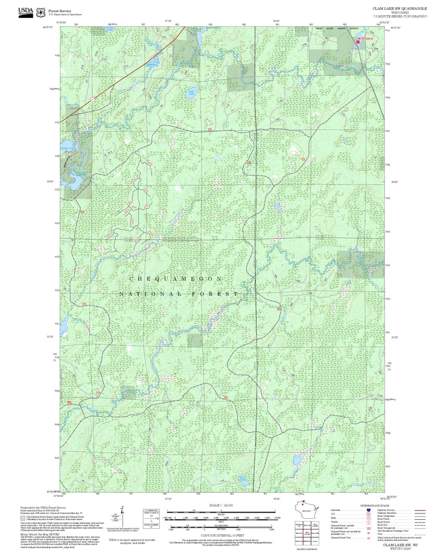 2025 Forest Service Topo Map of Clam Lake SW Wisconsin