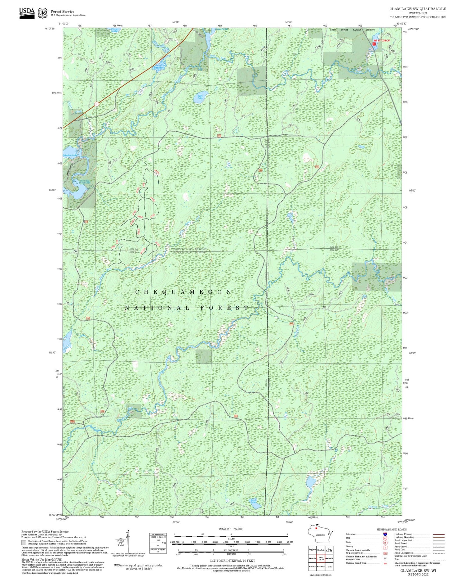 2025 Forest Service Topo Map of Clam Lake SW Wisconsin