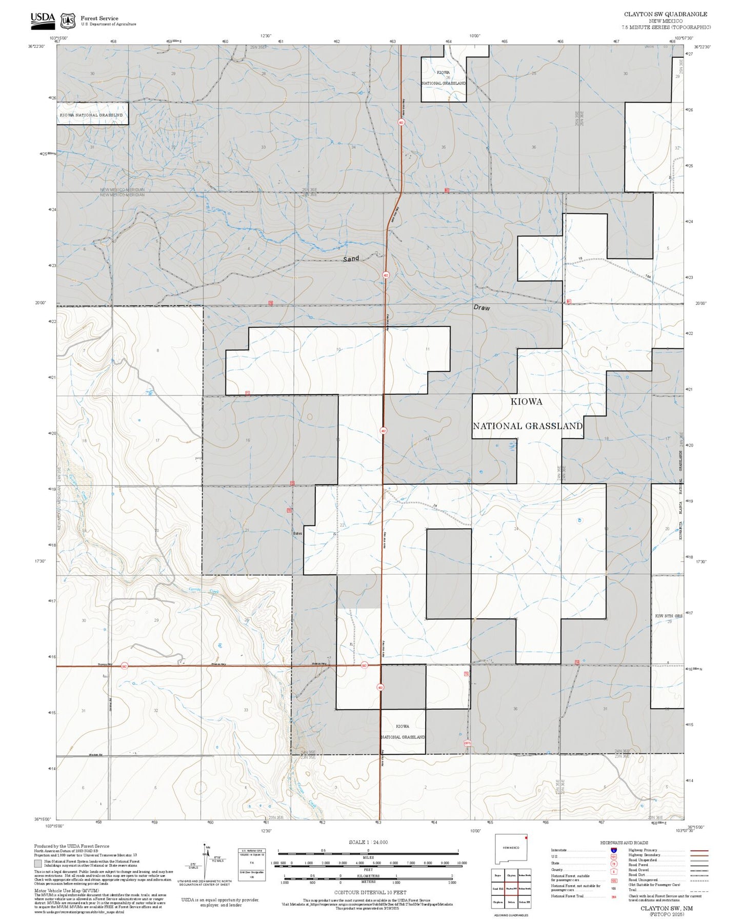 2025 Forest Service Topo Map of Clayton SW New Mexico