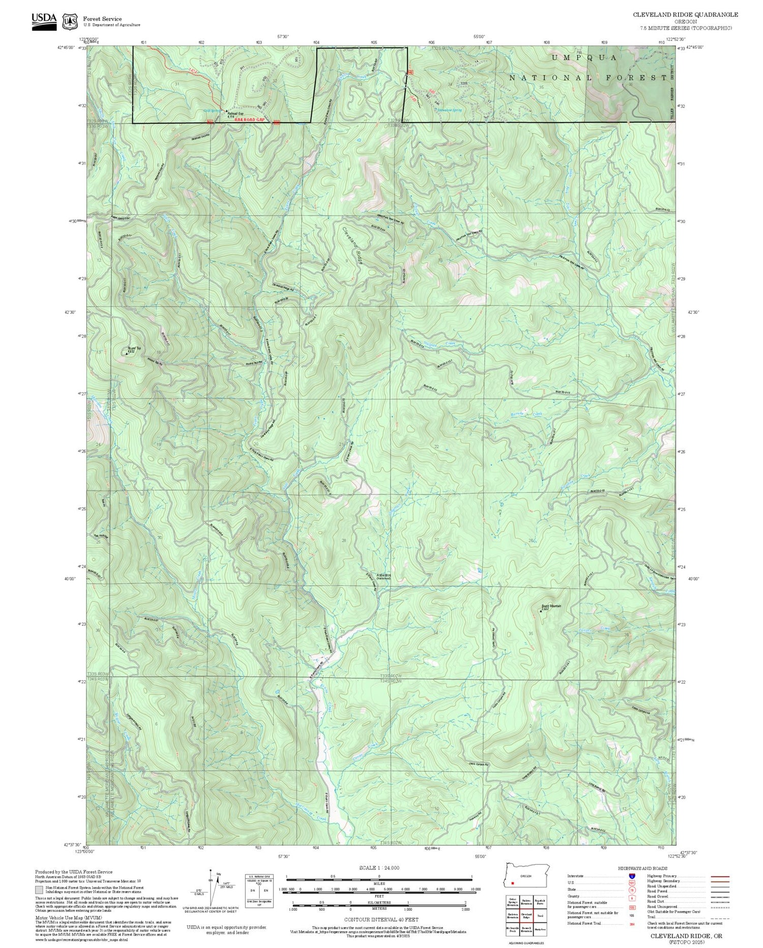 2025 Forest Service Topo Map of Cleveland Ridge Oregon