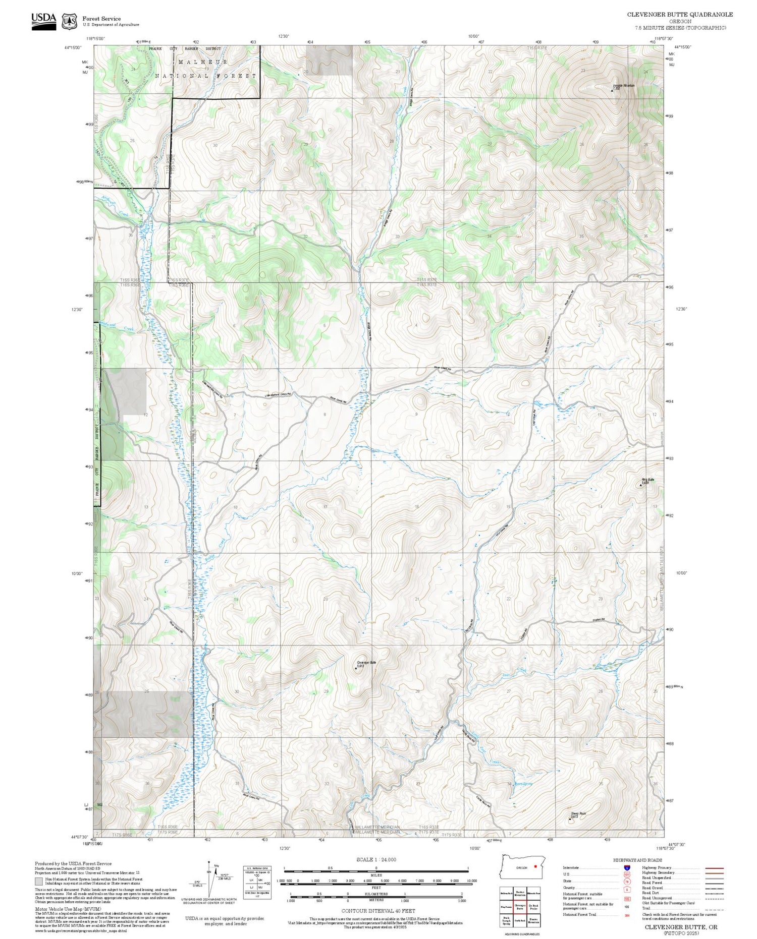 2025 Forest Service Topo Map of Clevenger Butte Oregon