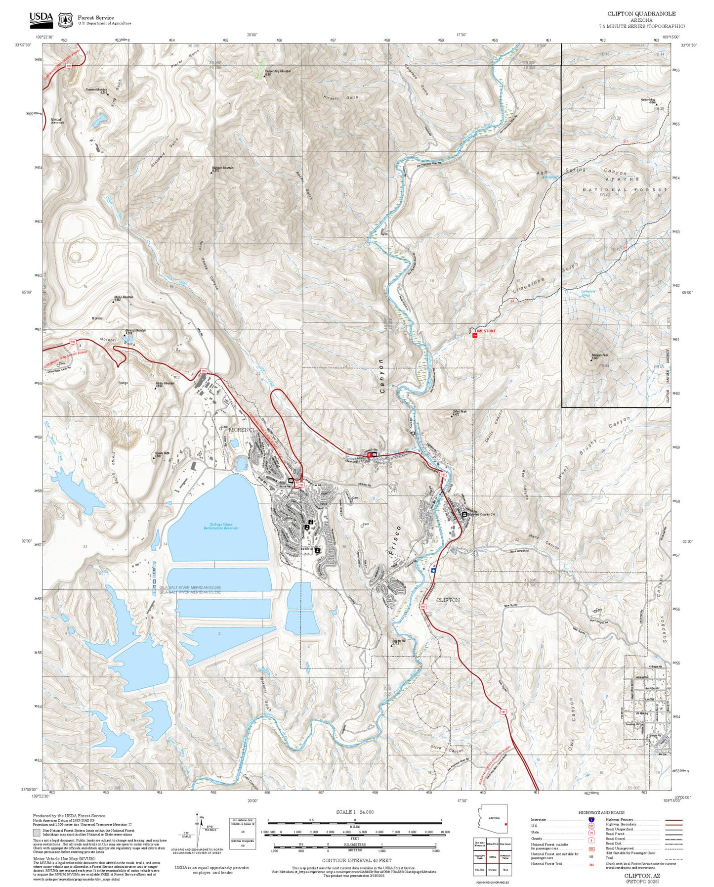 2025 Forest Service Topo Map of Clifton Arizona
