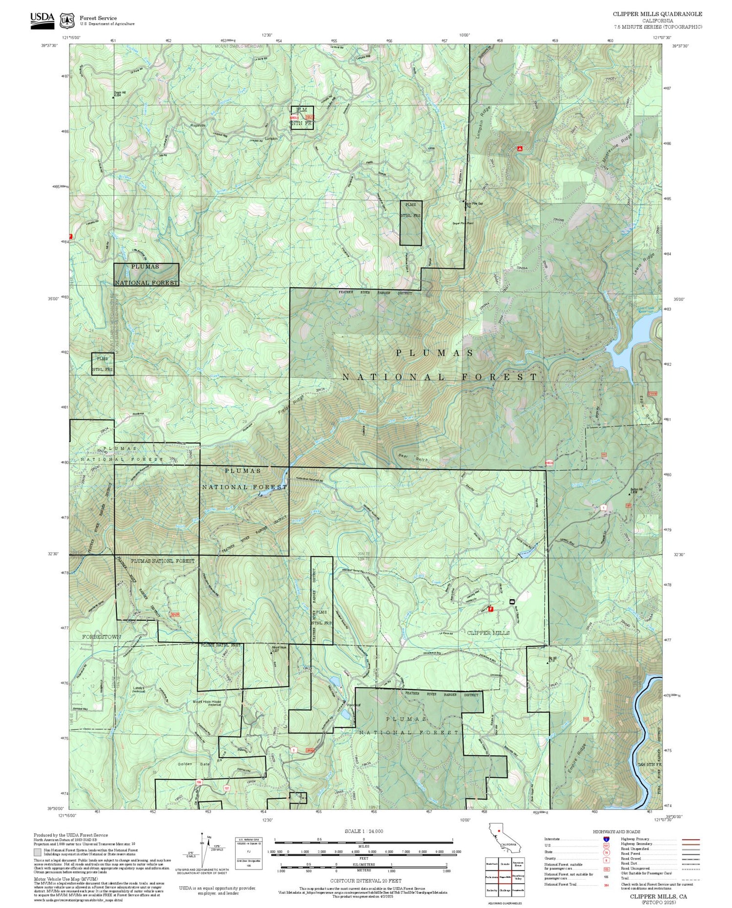 2025 Forest Service Topo Map of Clipper Mills California