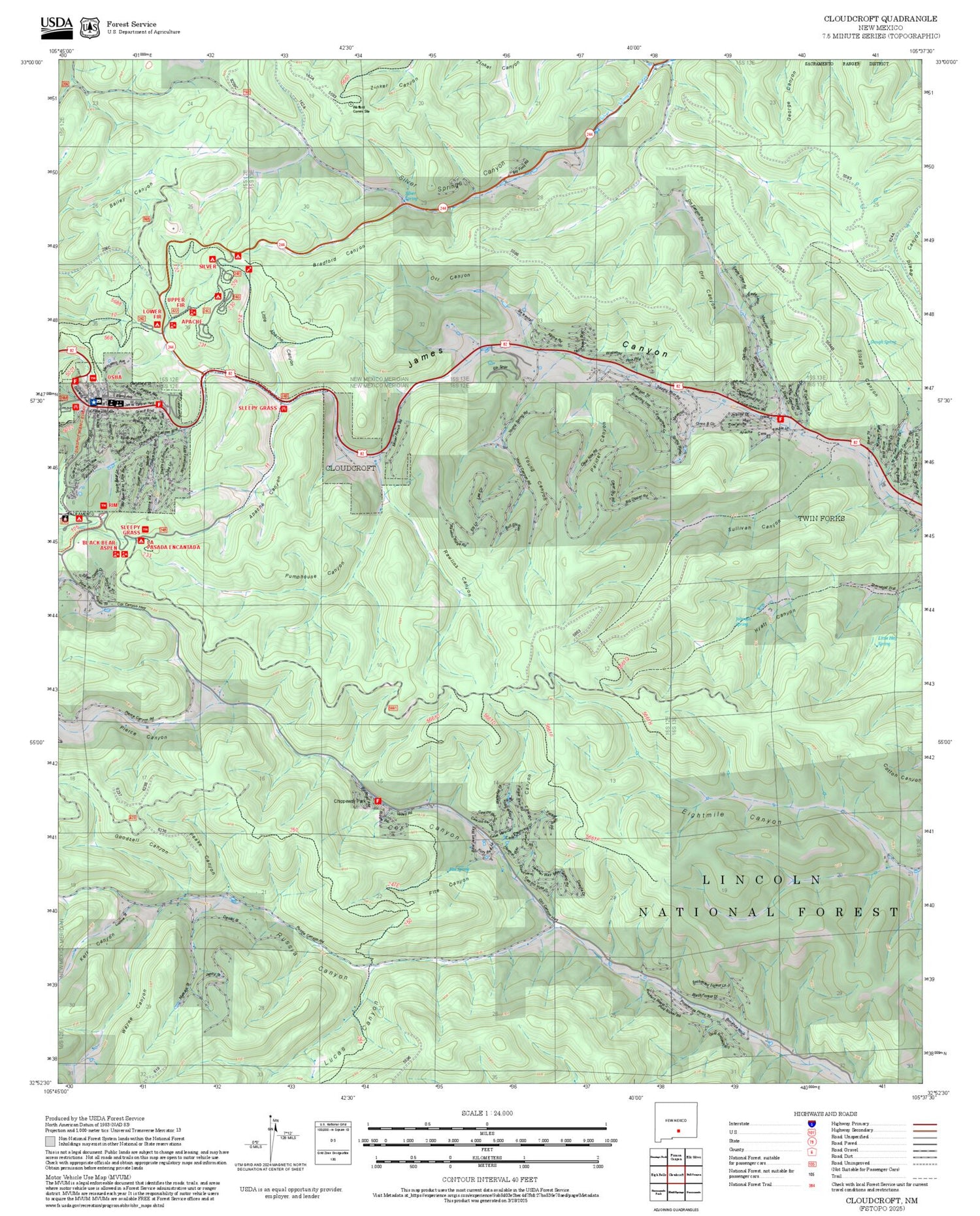2025 Forest Service Topo Map of Cloudcroft New Mexico