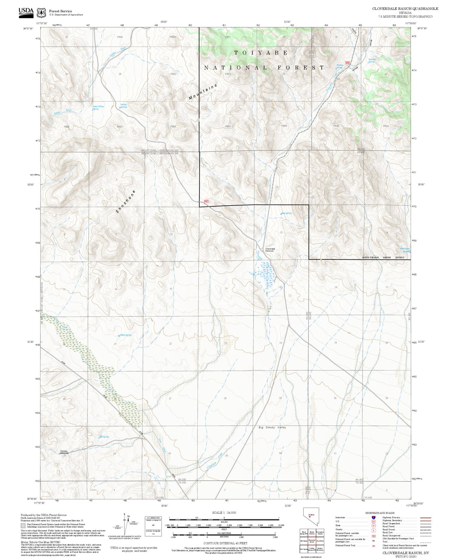 2025 Forest Service Topo Map of Cloverdale Ranch Nevada