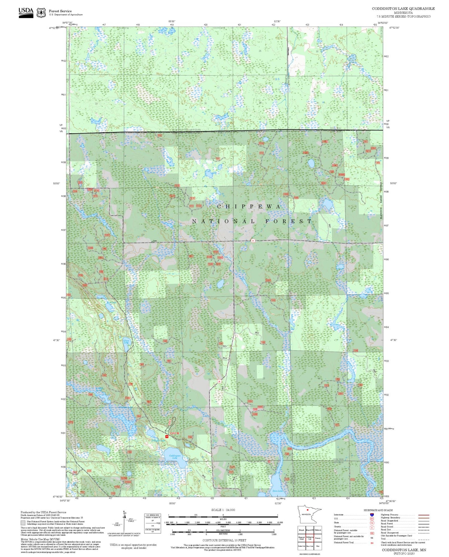 2025 Forest Service Topo Map of Coddington Lake Minnesota