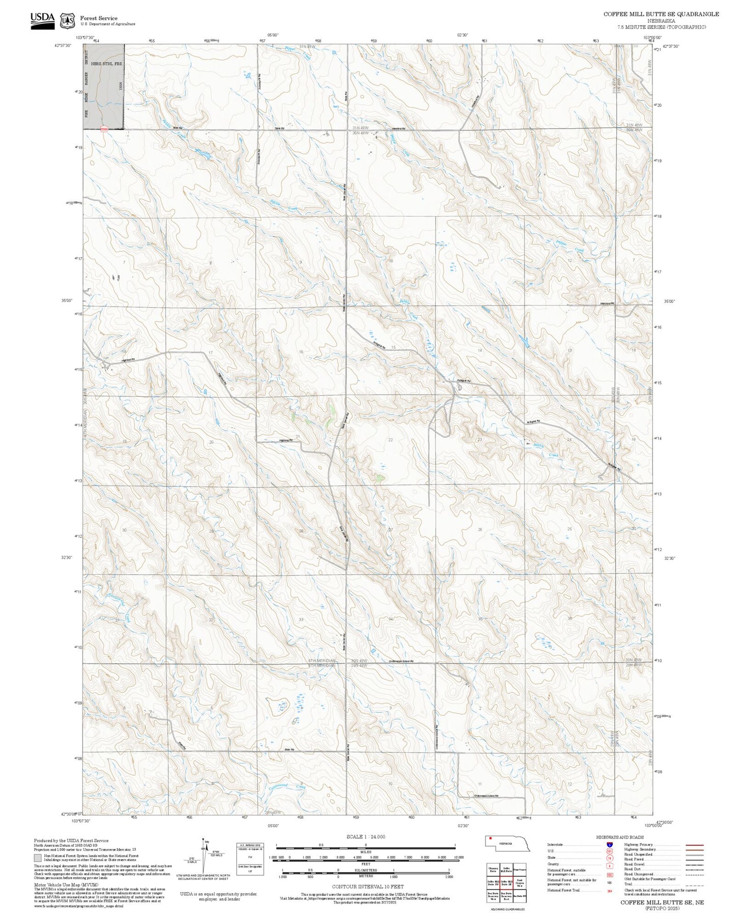 2025 Forest Service Topo Map of Coffee Mill Butte SE Nebraska