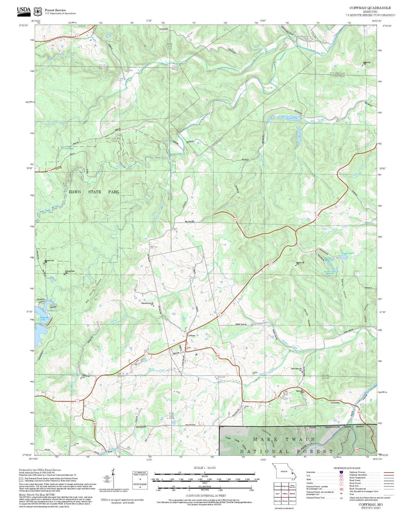 2025 Forest Service Topo Map of Coffman Missouri