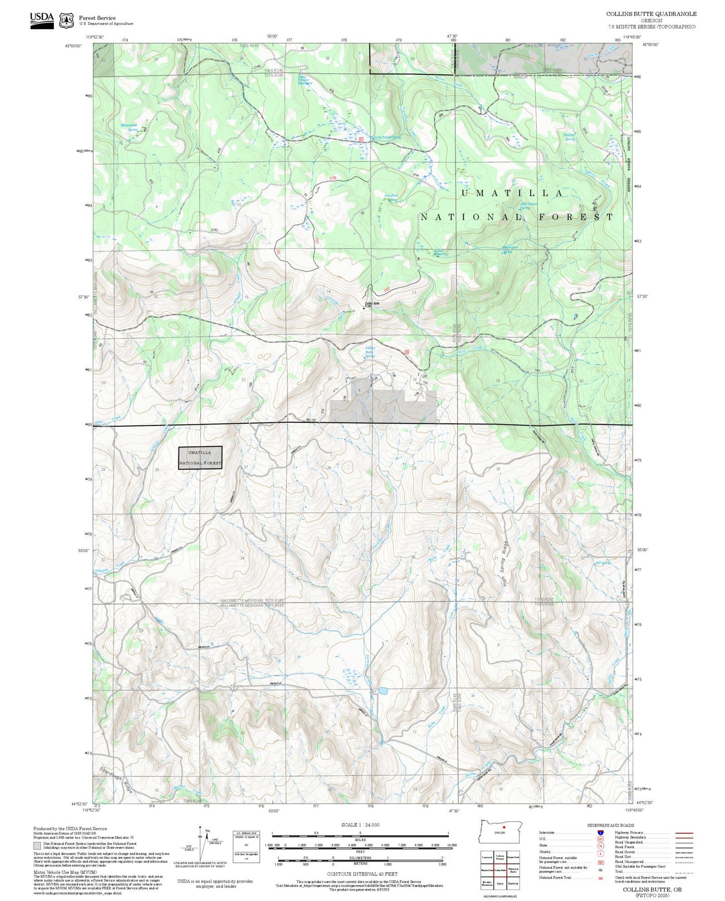 2025 Forest Service Topo Map of Collins Butte Oregon