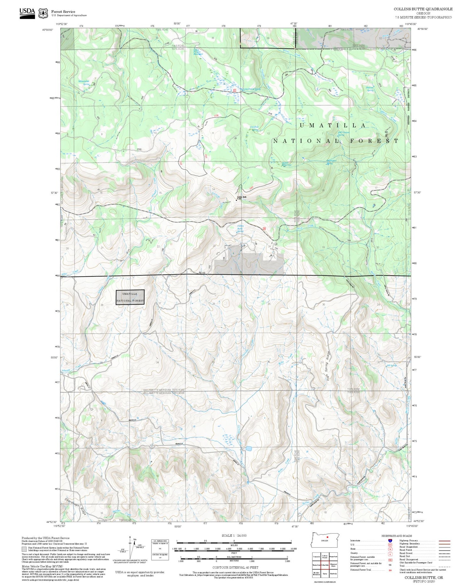 2025 Forest Service Topo Map of Collins Butte Oregon