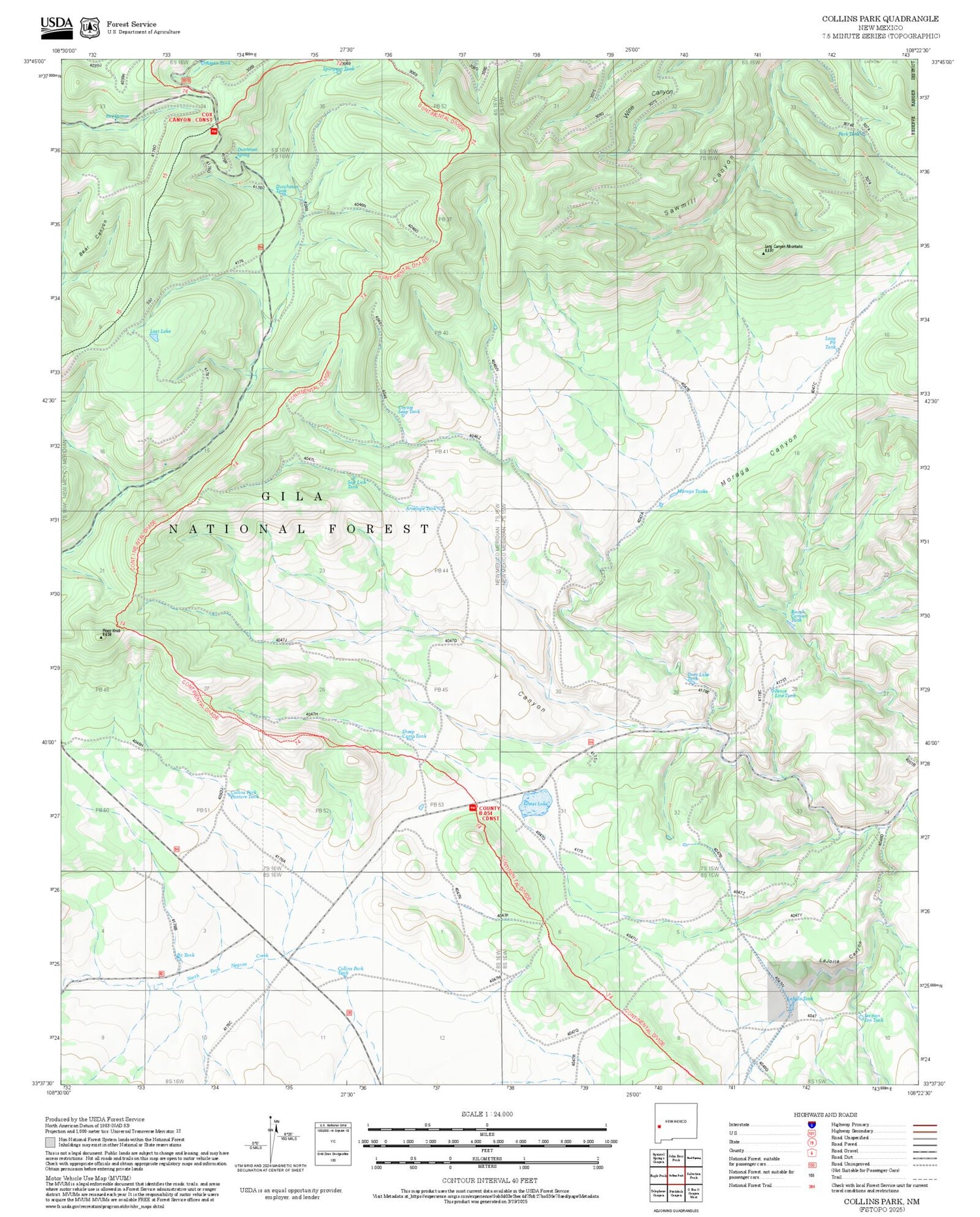 2025 Forest Service Topo Map of Collins Park New Mexico