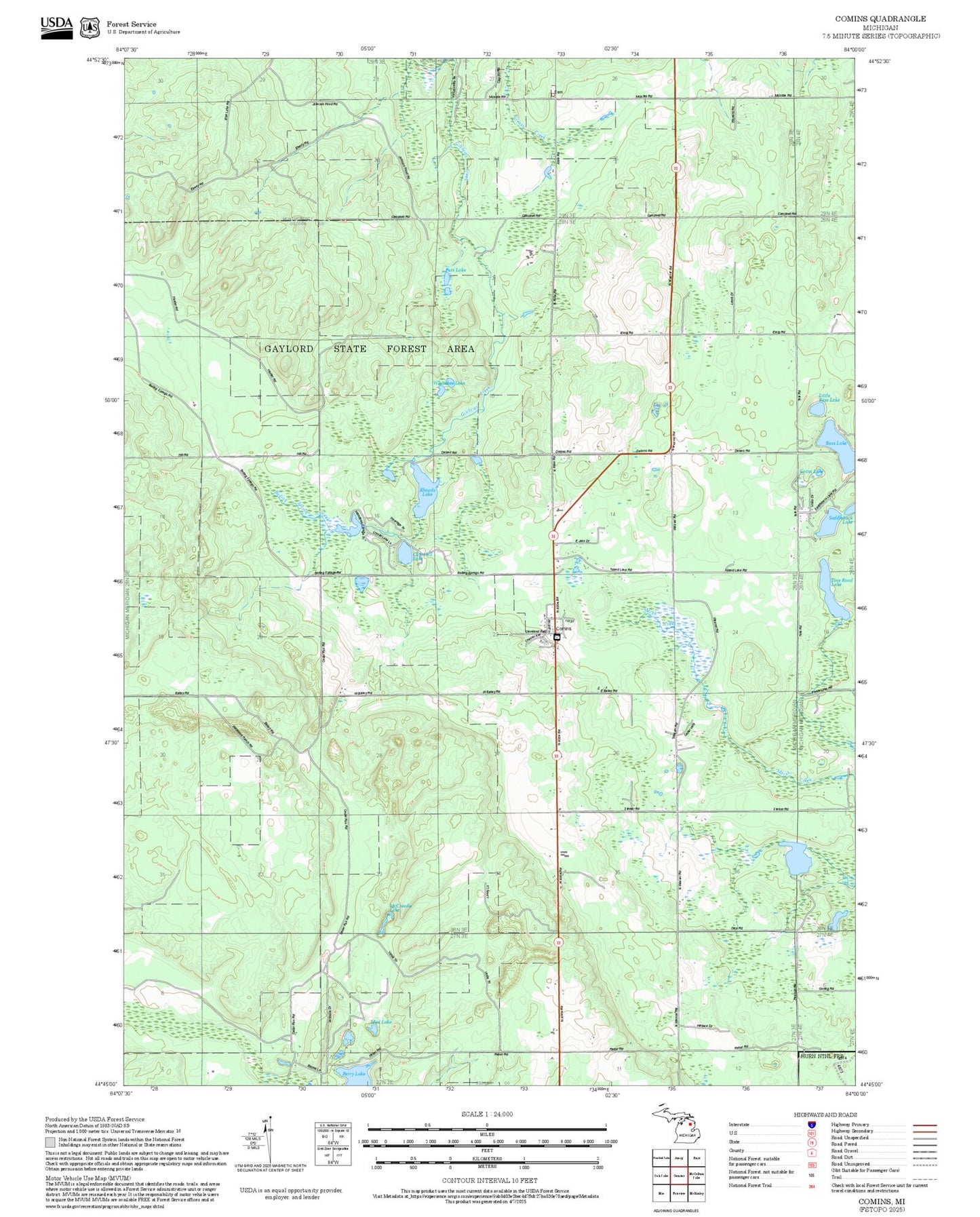 2025 Forest Service Topo Map of Comins Michigan