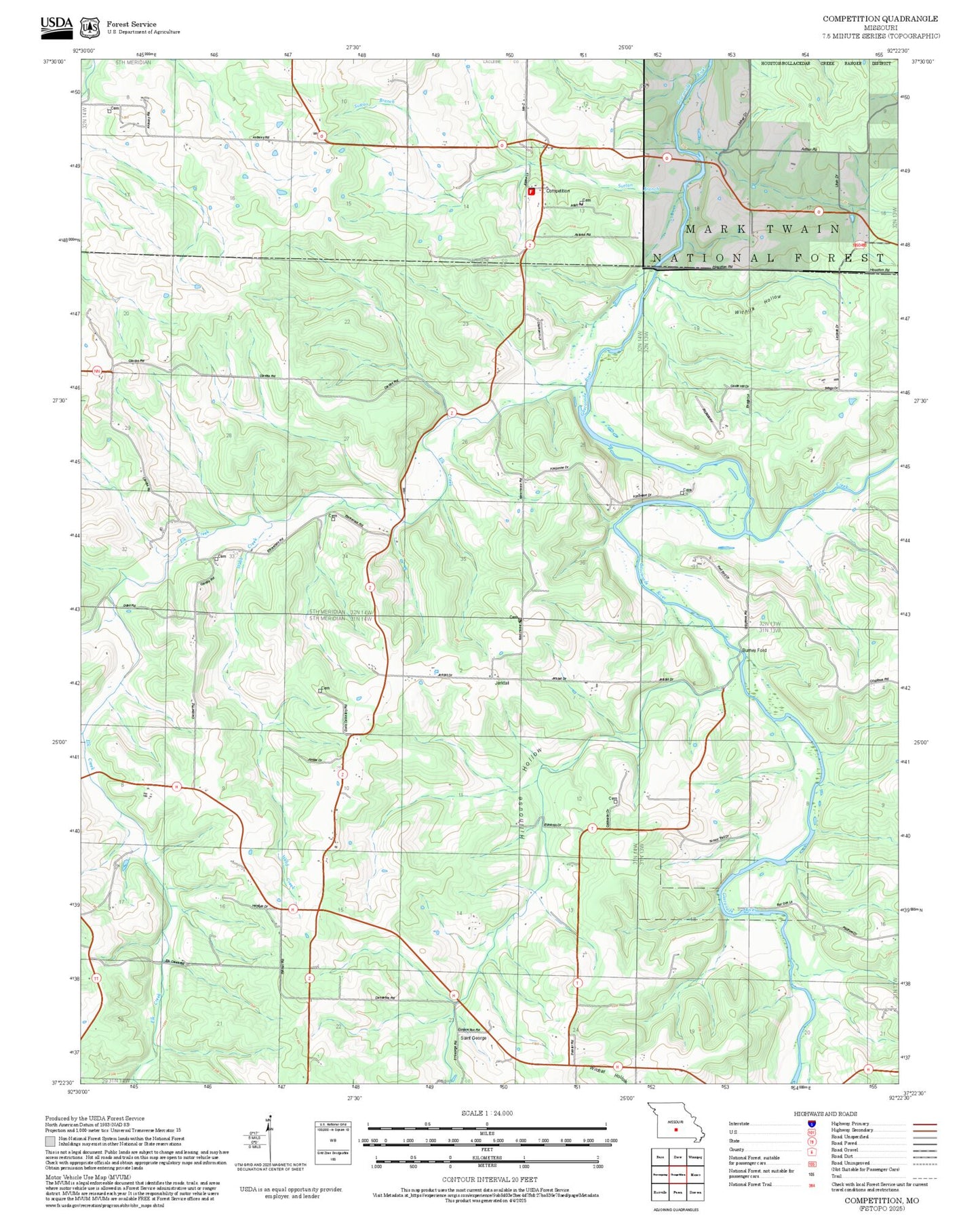 2025 Forest Service Topo Map of Competition Missouri