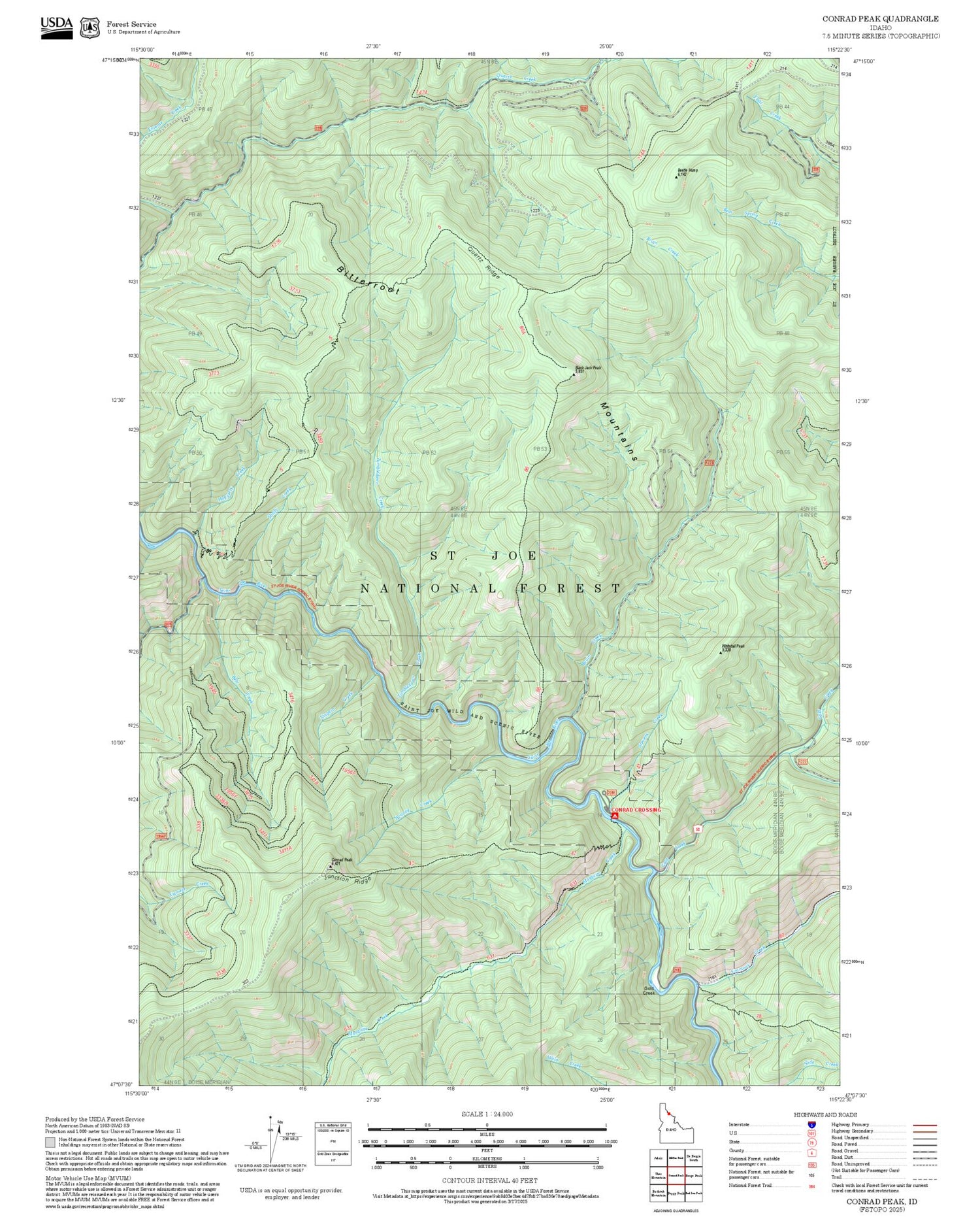 2025 Forest Service Topo Map of Conrad Peak Idaho