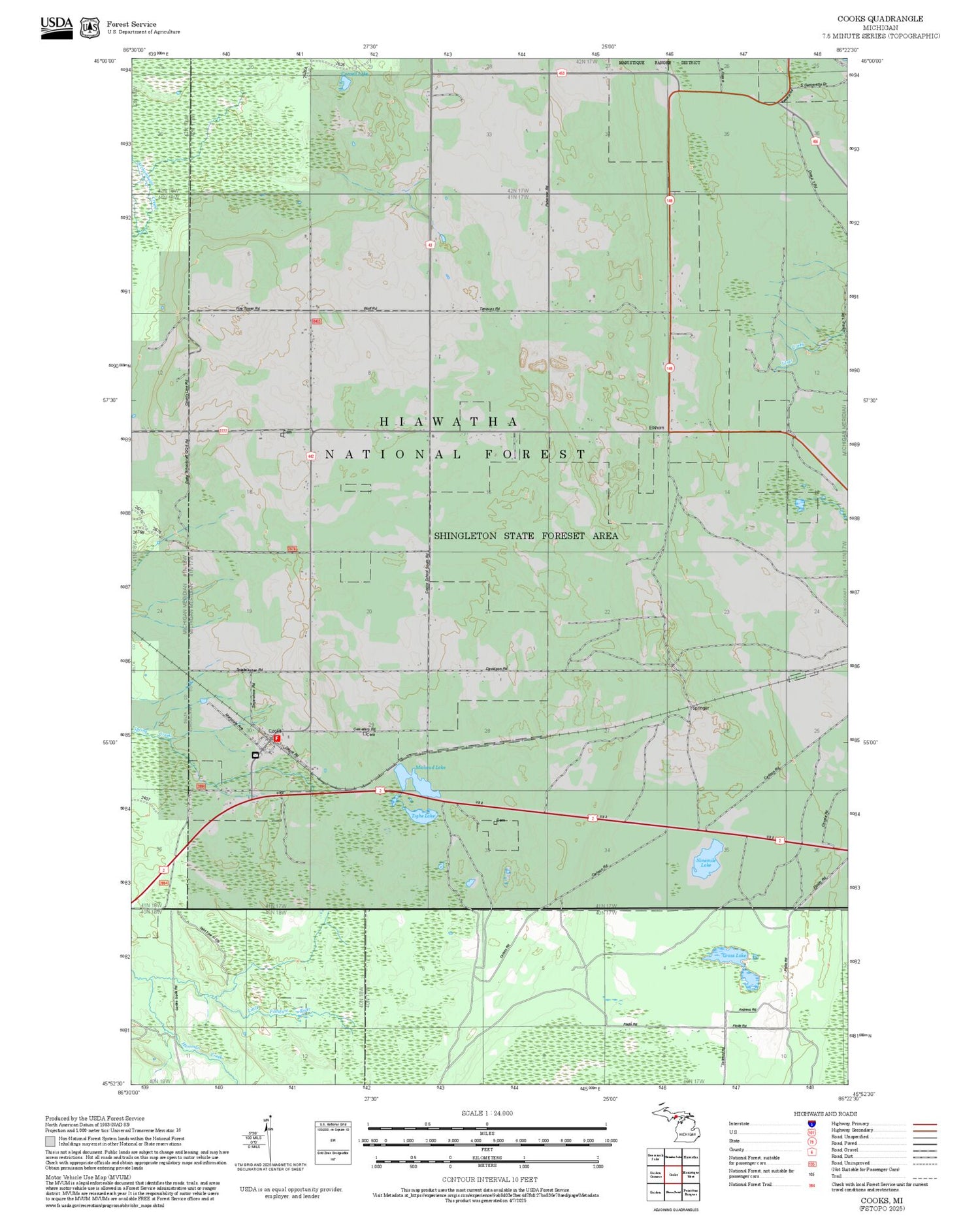 2025 Forest Service Topo Map of Cooks Michigan