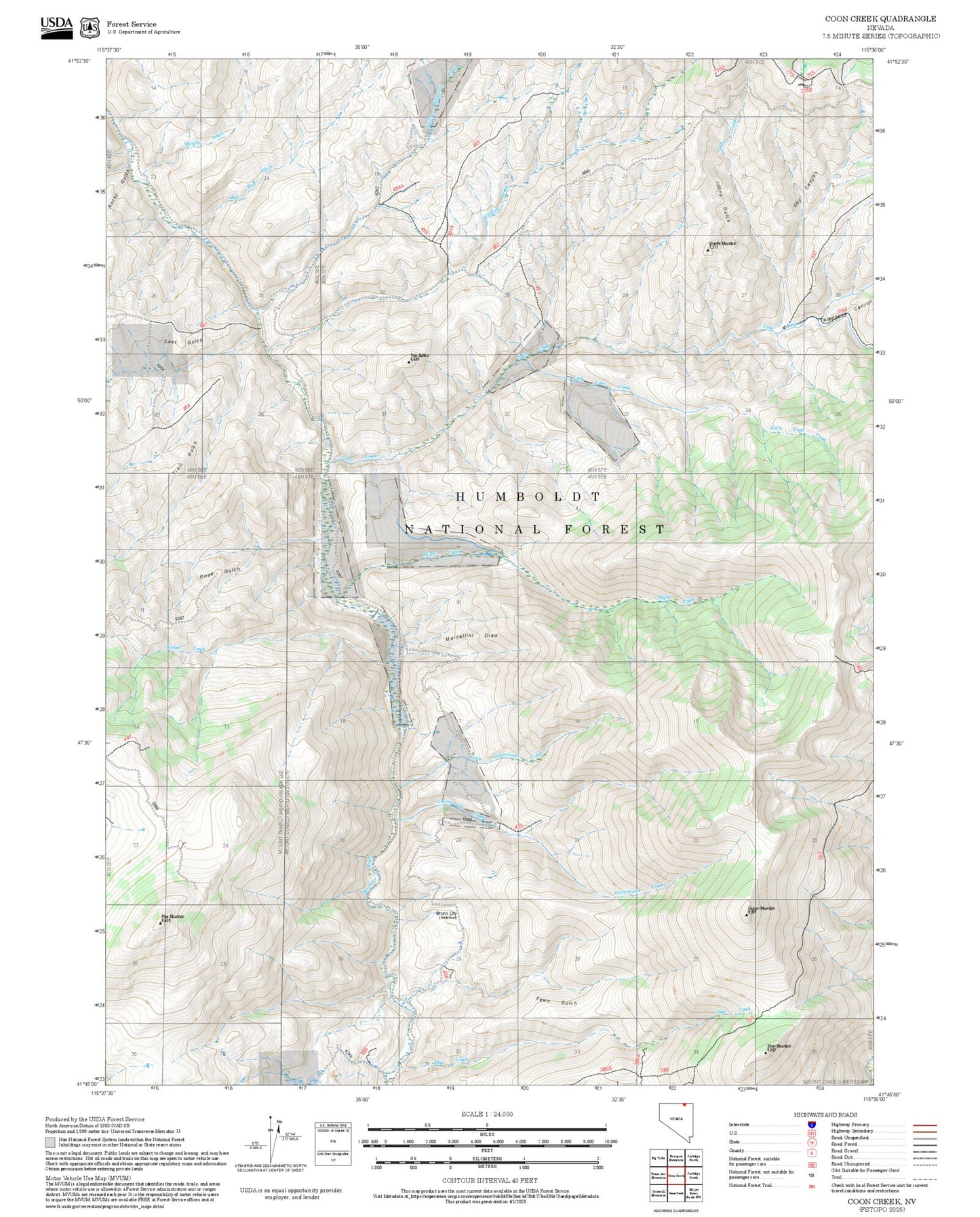 2025 Forest Service Topo Map of Coon Creek Nevada