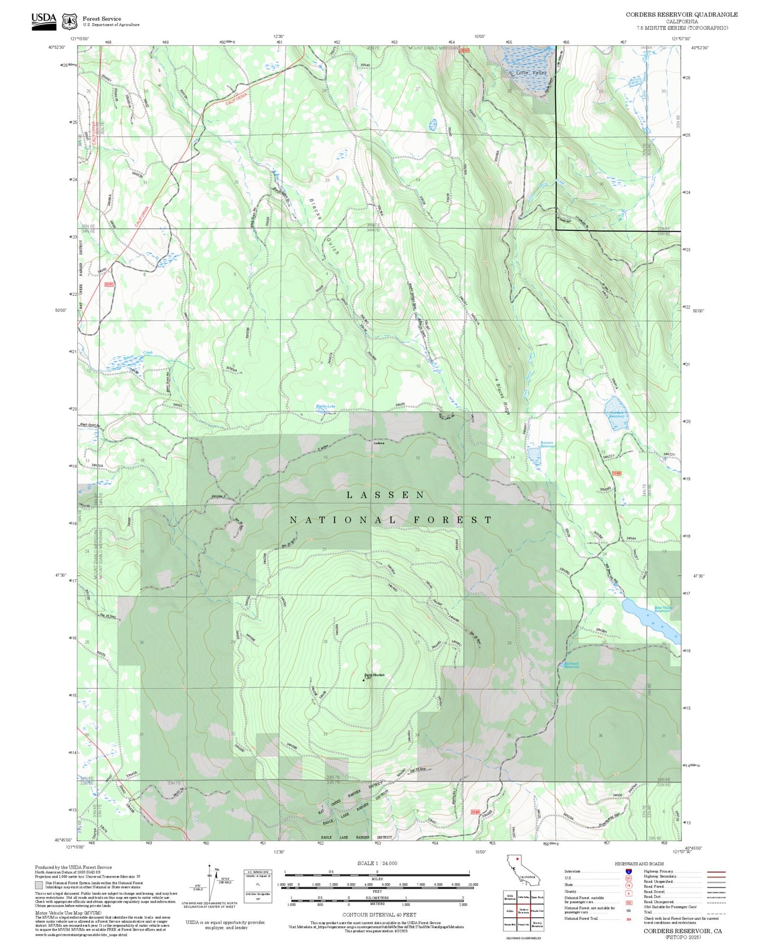 2025 Forest Service Topo Map of Corders Reservoir California