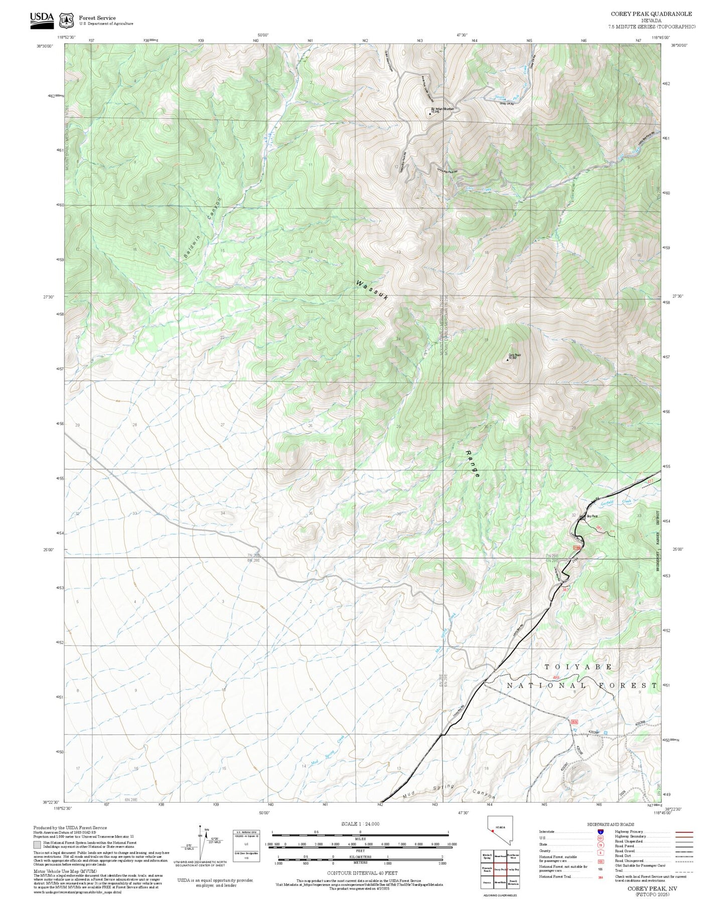 2025 Forest Service Topo Map of Corey Peak Nevada