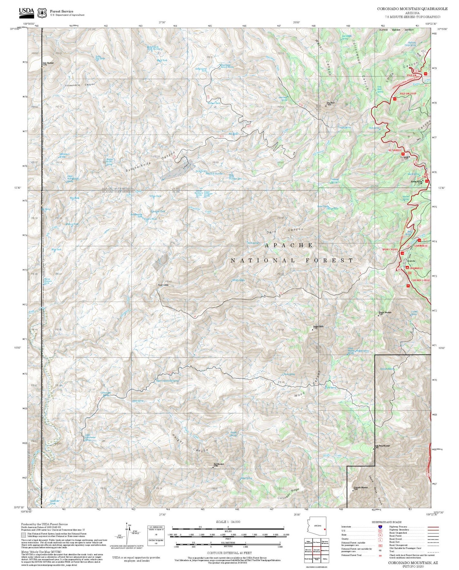 2025 Forest Service Topo Map of Coronado Mountain Arizona