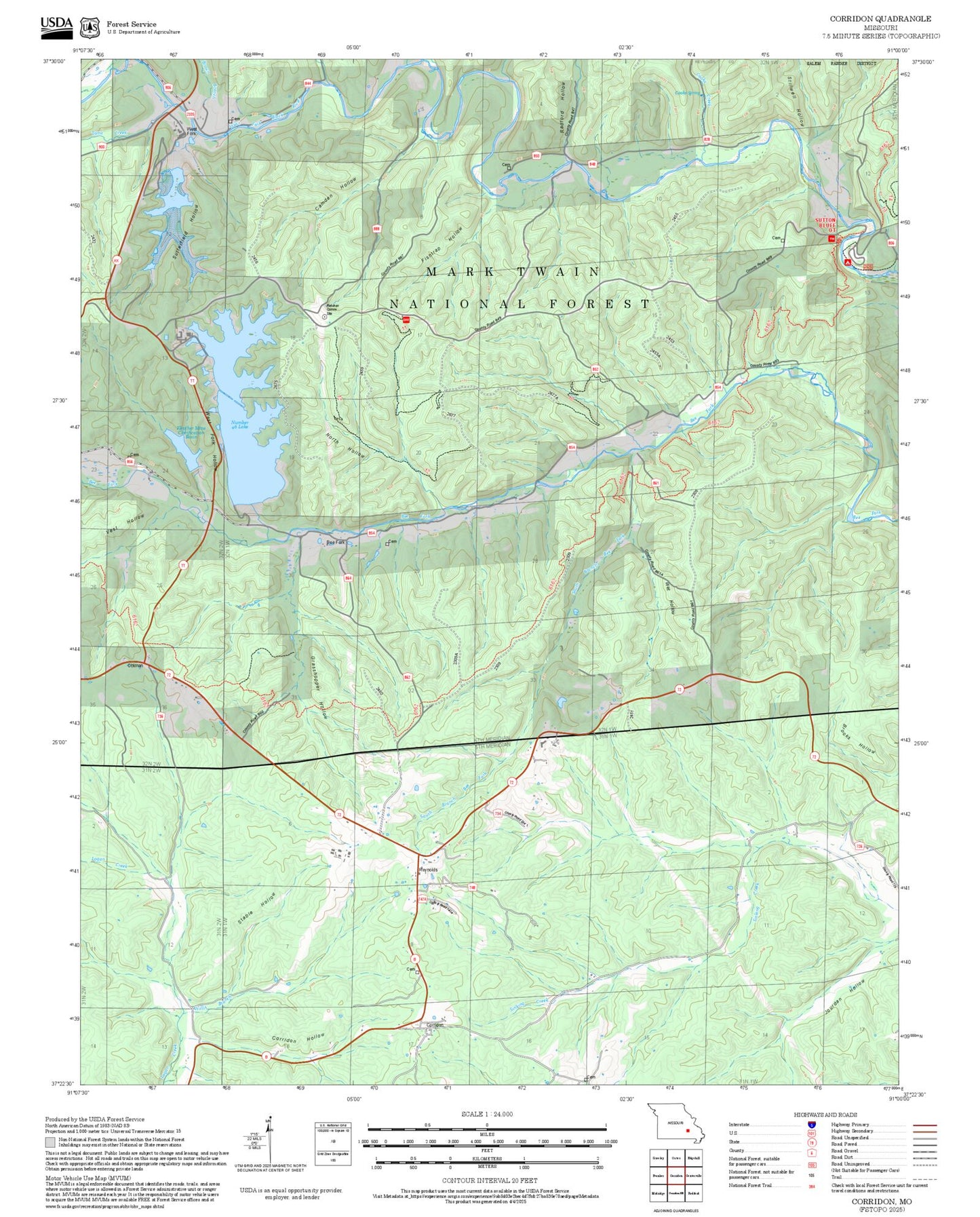 2025 Forest Service Topo Map of Corridon Missouri